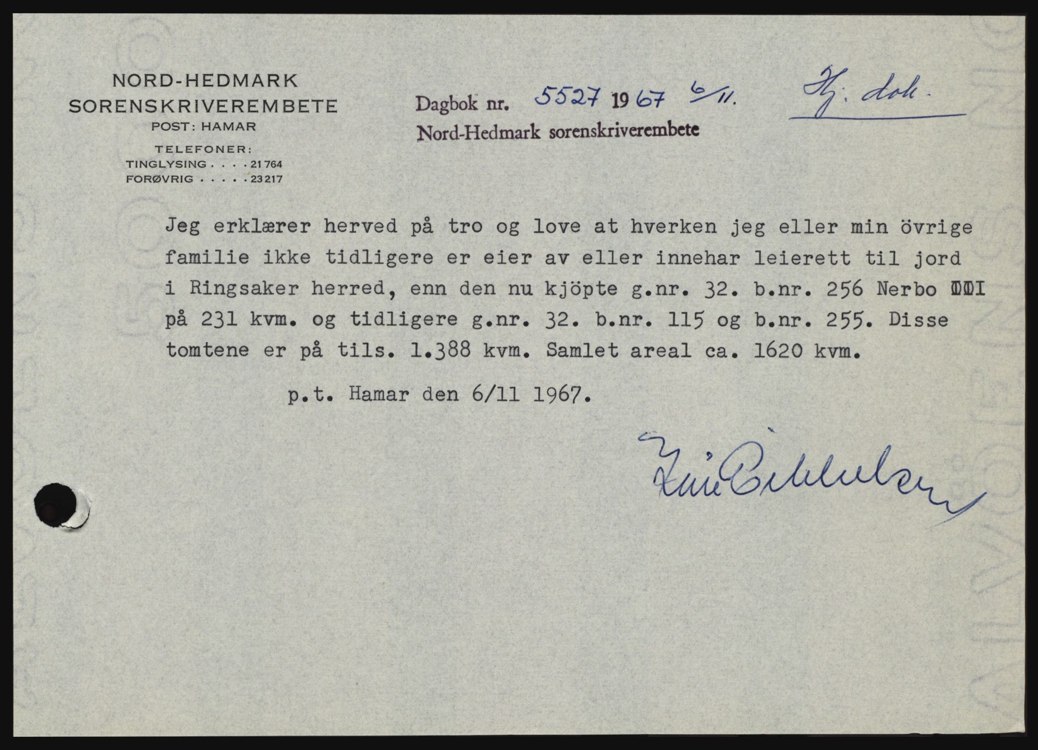 Nord-Hedmark sorenskriveri, SAH/TING-012/H/Hc/L0027: Mortgage book no. 27, 1967-1968, Diary no: : 5527/1967