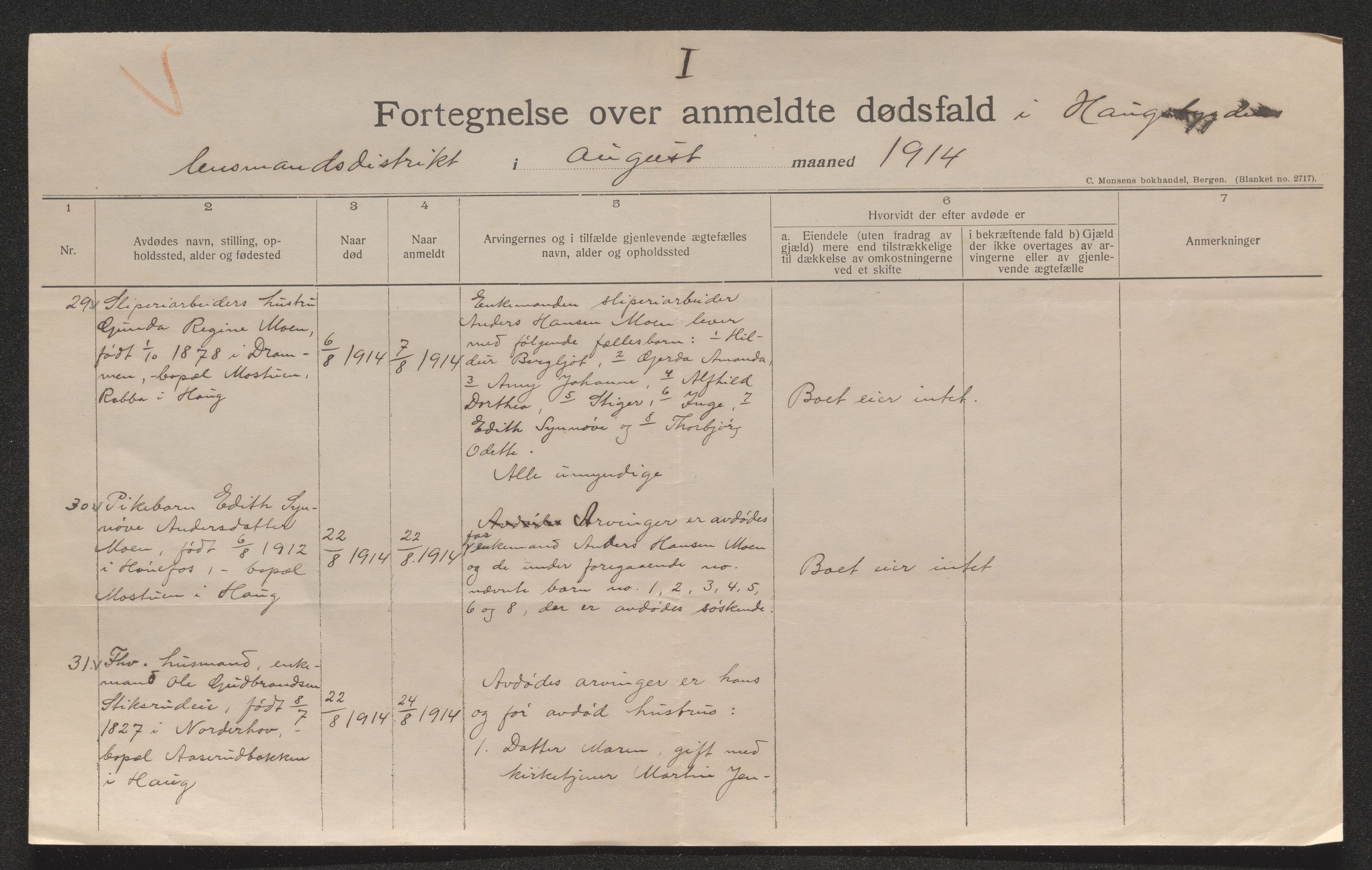 Ringerike sorenskriveri, AV/SAKO-A-105/H/Ha/Hab/L0016: Dødsfallslister Haugsbygd, 1903-1930