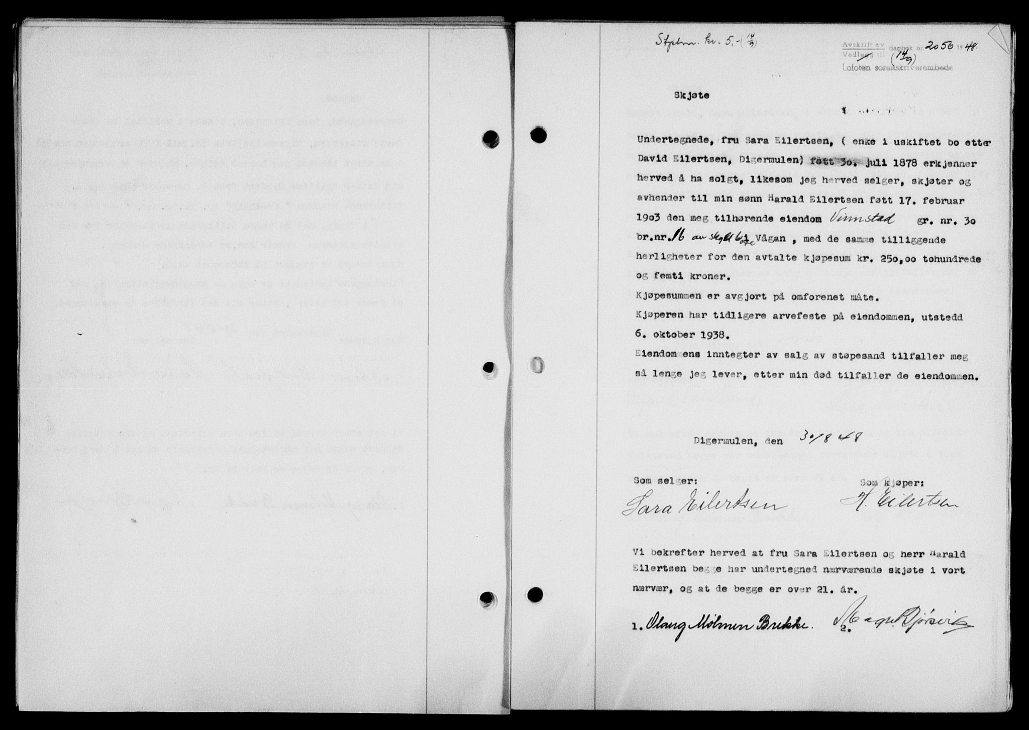 Lofoten sorenskriveri, SAT/A-0017/1/2/2C/L0019a: Mortgage book no. 19a, 1948-1948, Diary no: : 2056/1948