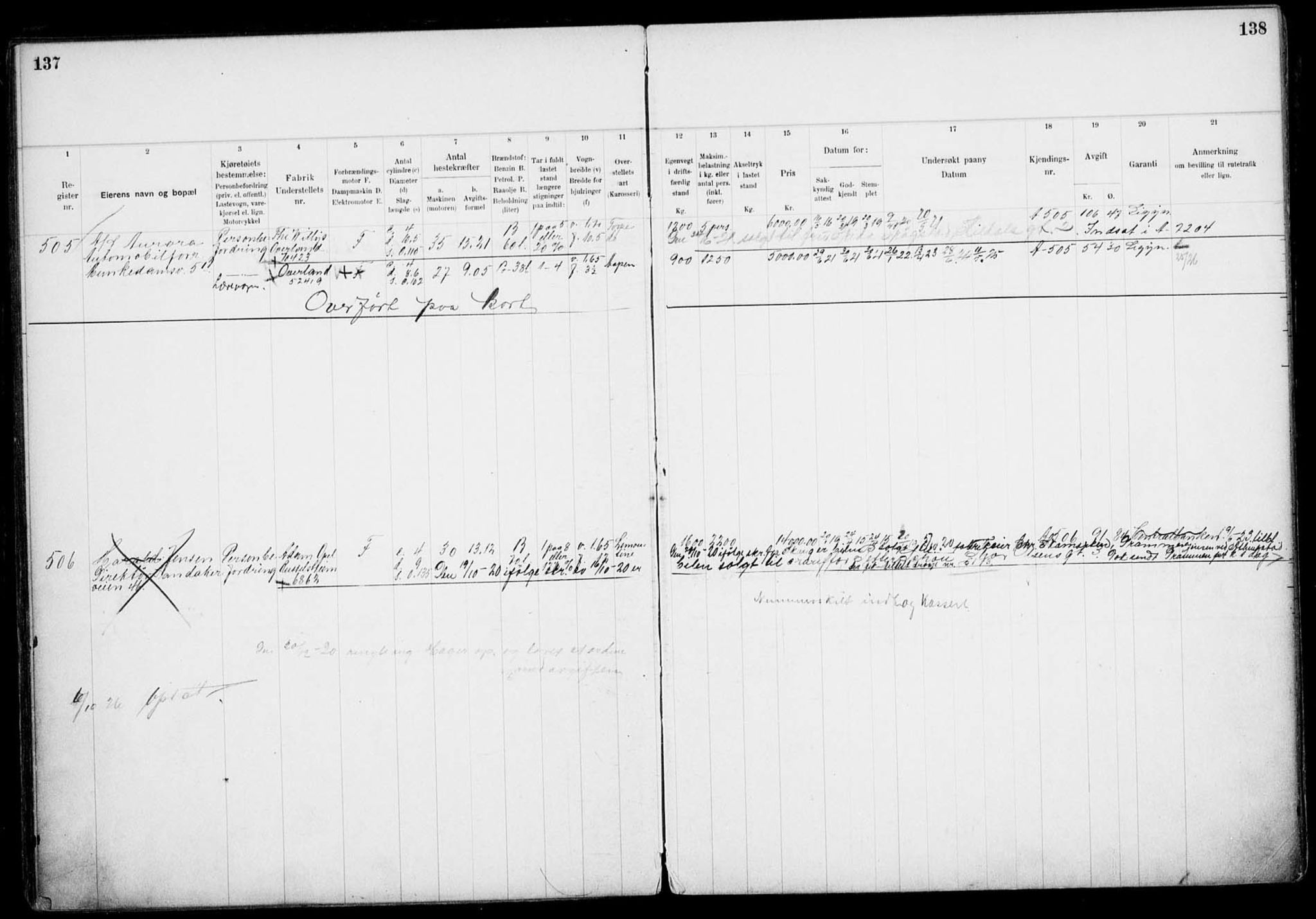 Vegdirektoratet, Bilavdelingen M, AV/RA-S-1663/F/Fa/L0002: Bilregisterprotokoll. Reg.nr. A1-A29 og A400-A902, 1913-1926, p. 137-138