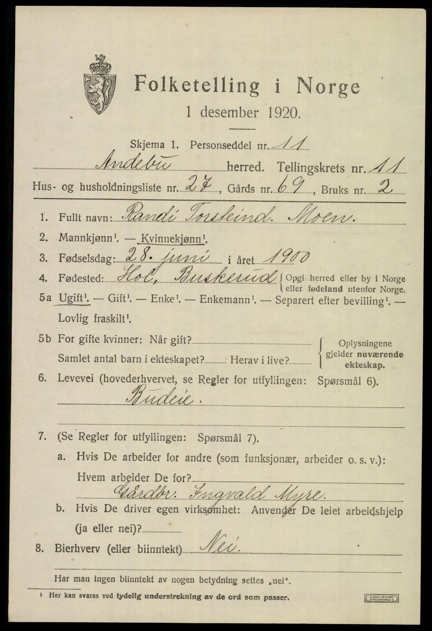 SAKO, 1920 census for Andebu, 1920, p. 4450