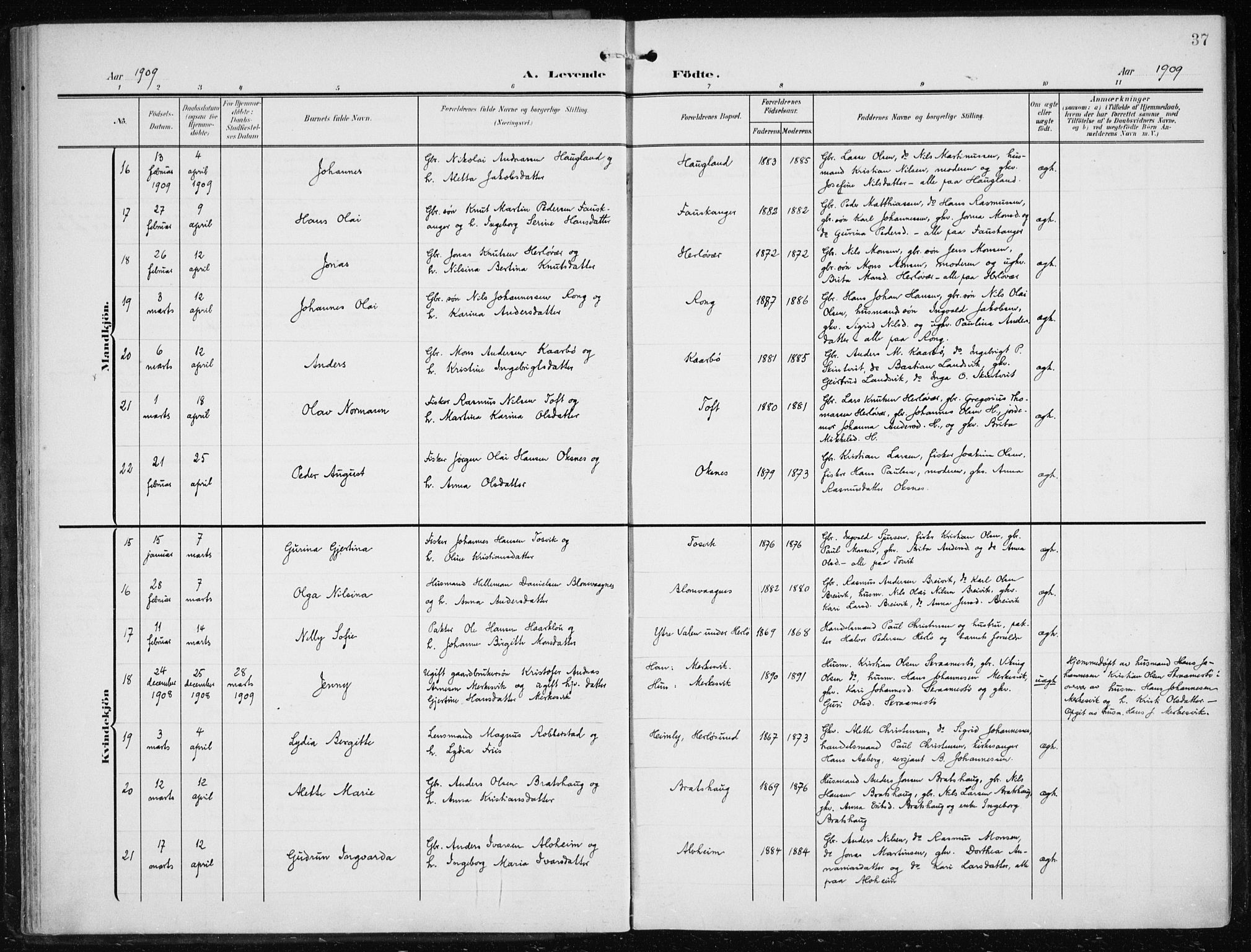 Herdla Sokneprestembete, AV/SAB-A-75701/H/Haa: Parish register (official) no. A 5, 1905-1918, p. 37