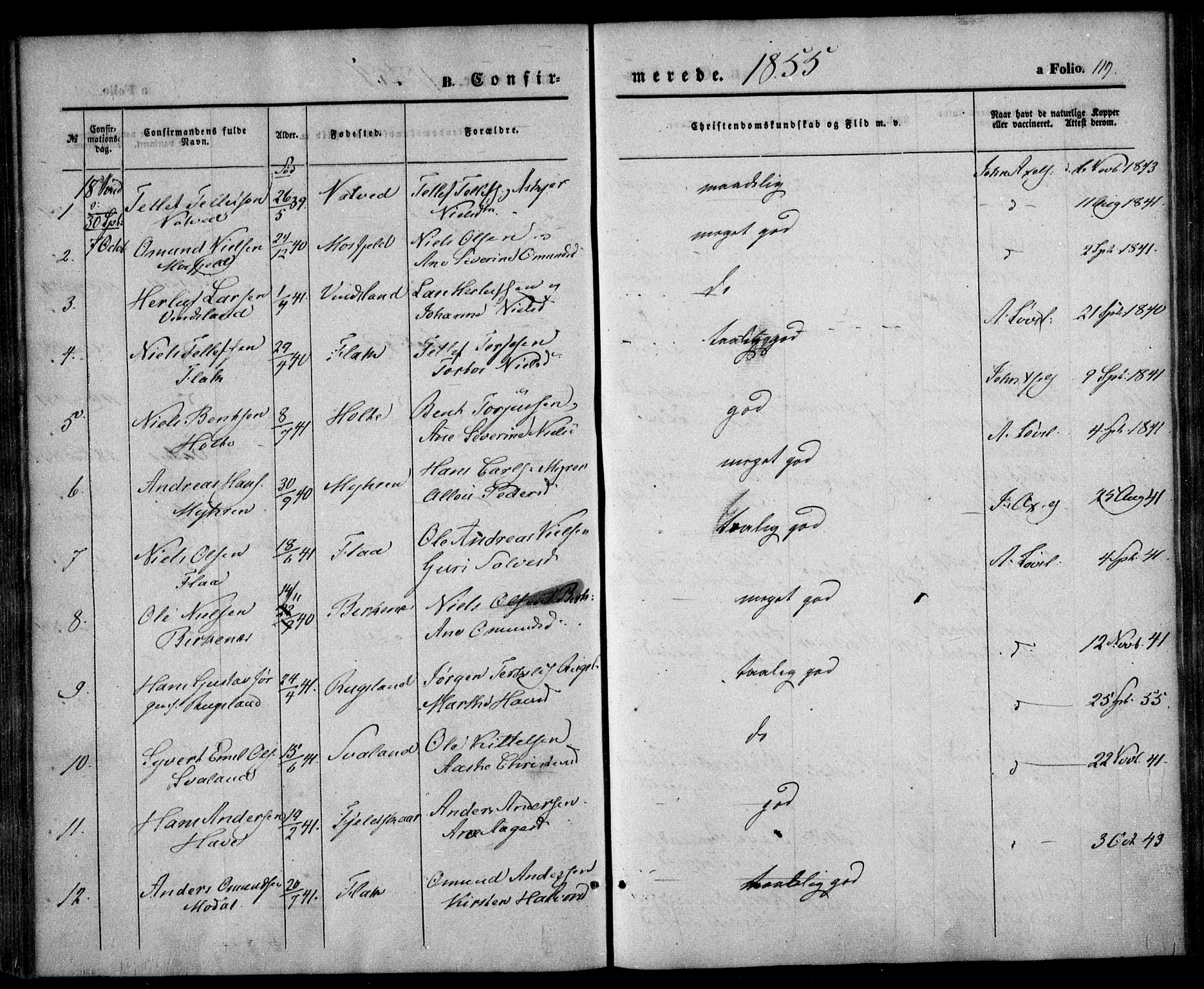 Birkenes sokneprestkontor, SAK/1111-0004/F/Fa/L0003: Parish register (official) no. A 3, 1850-1866, p. 119