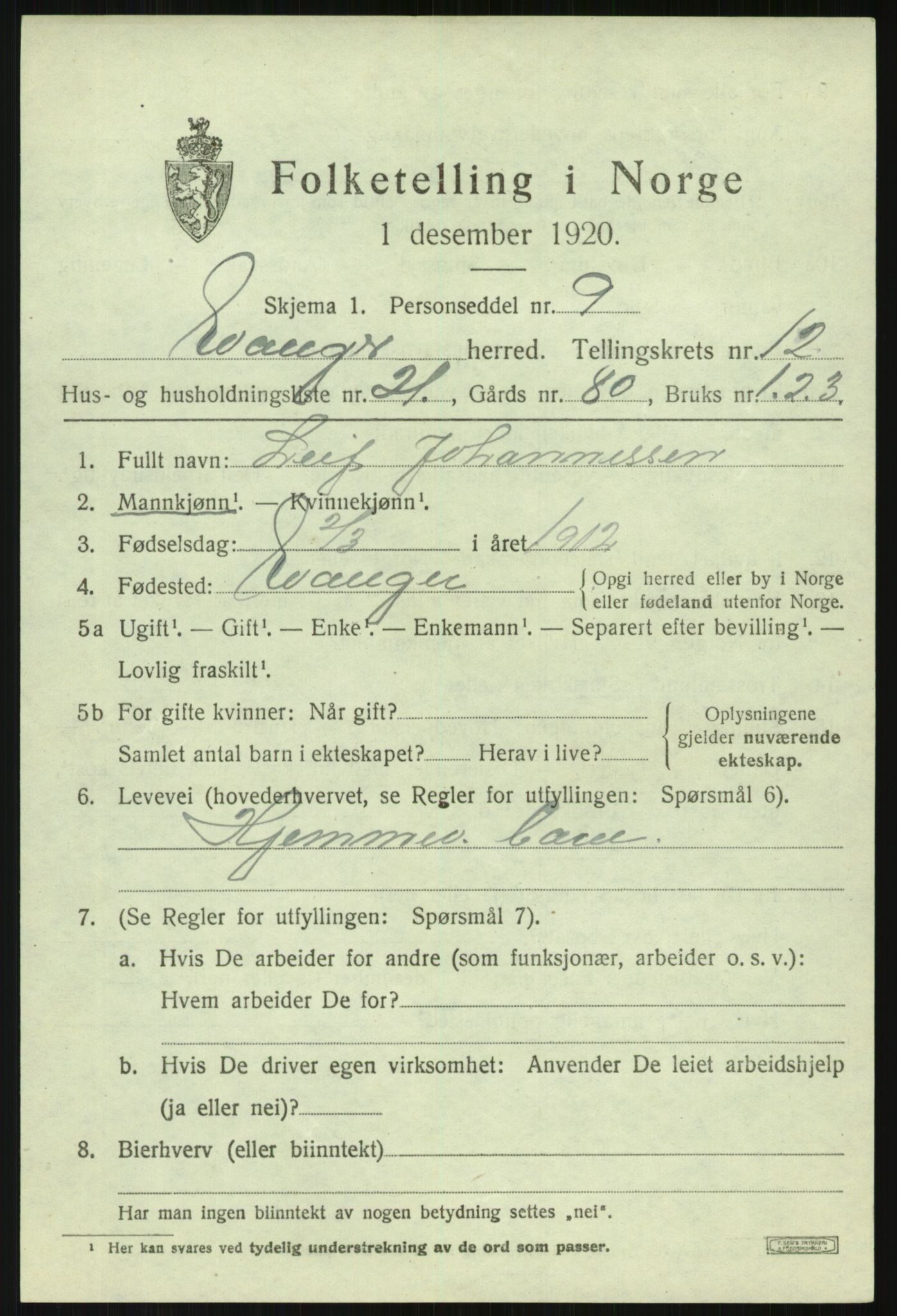 SAB, 1920 census for Evanger, 1920, p. 3895