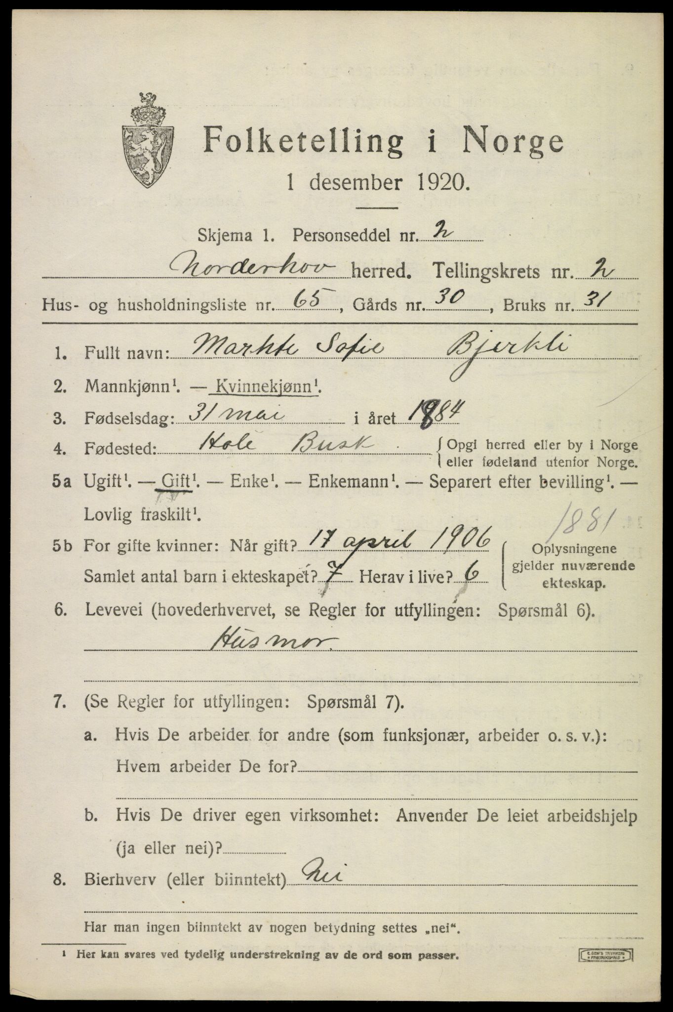 SAKO, 1920 census for Norderhov, 1920, p. 5230