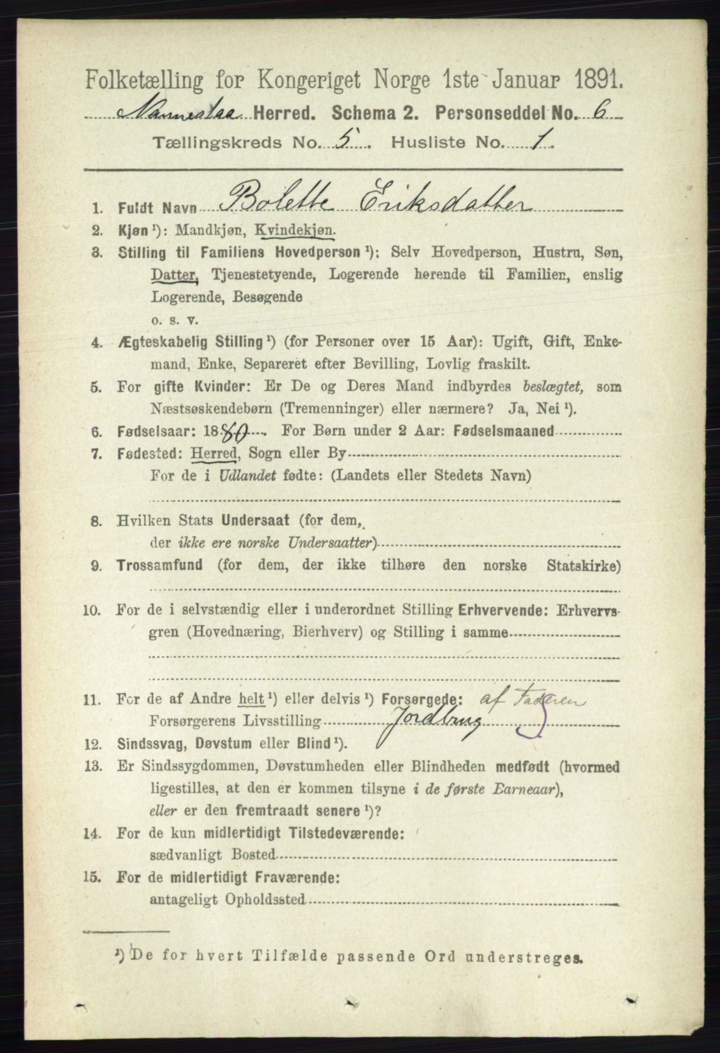 RA, 1891 census for 0238 Nannestad, 1891, p. 2606