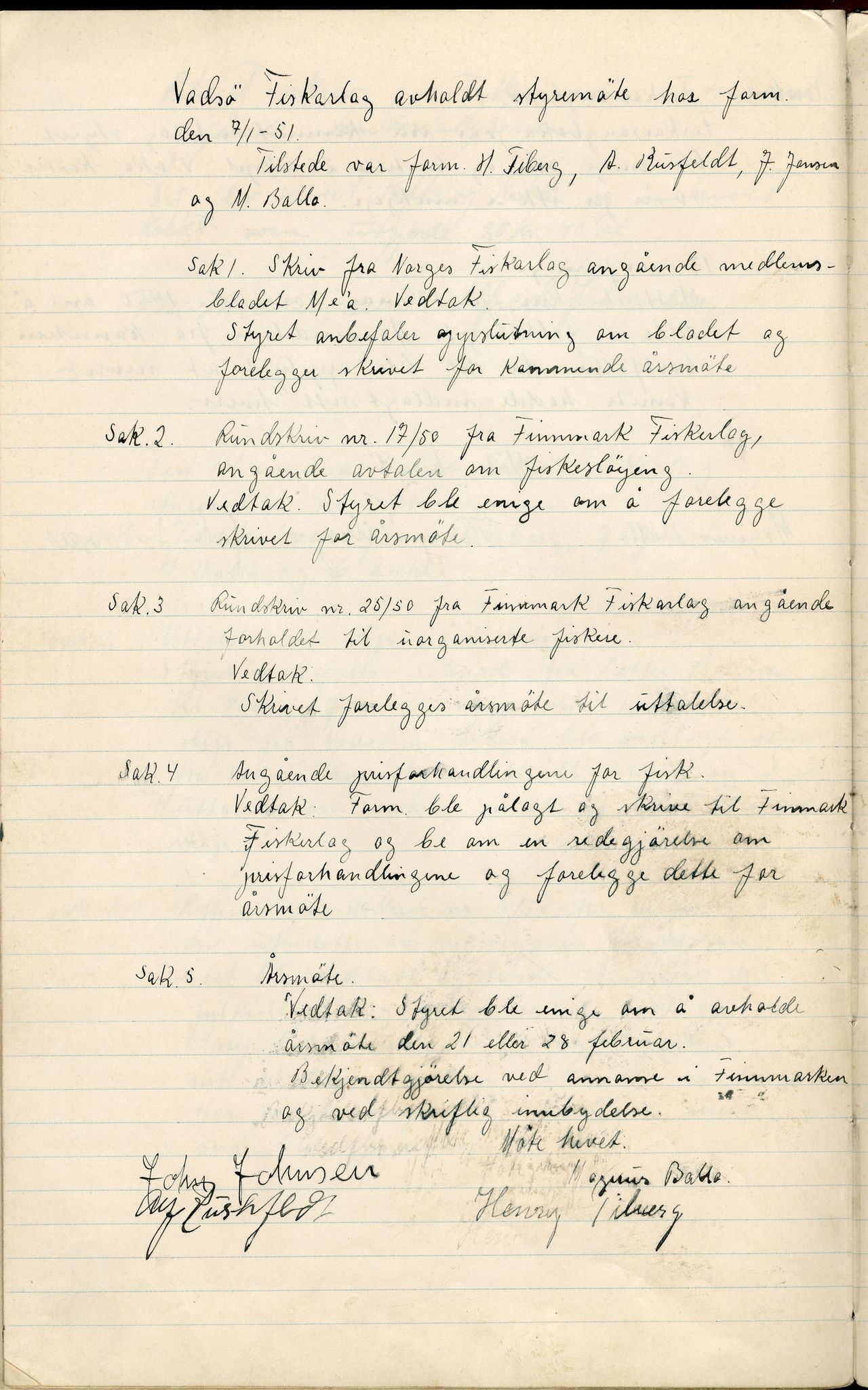 Vadsø Fiskarlag, FMFB/A-1016/A/L0001: Protokoll for styremøtene, 1926-1952, p. 209