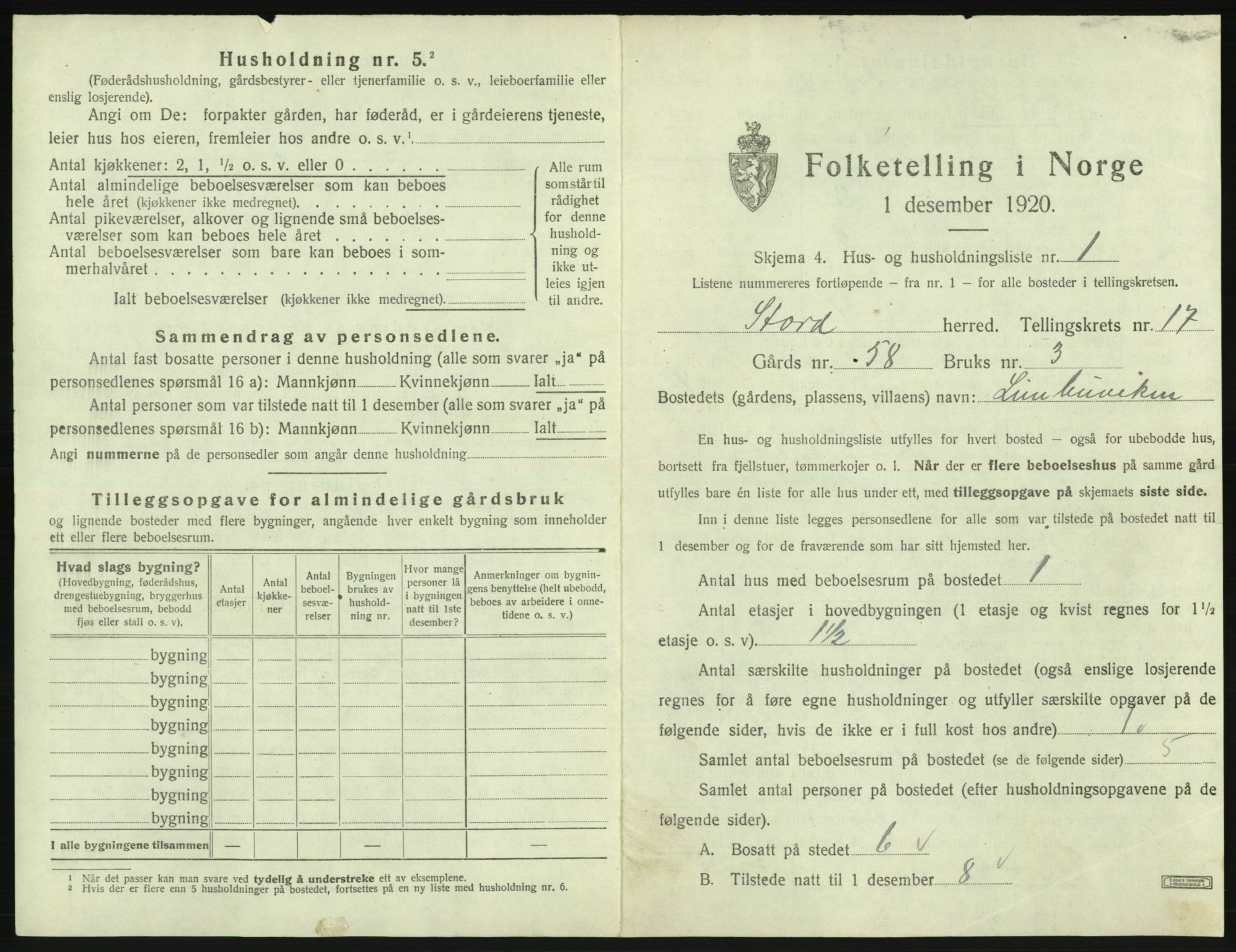 SAB, 1920 census for Stord, 1920, p. 1195