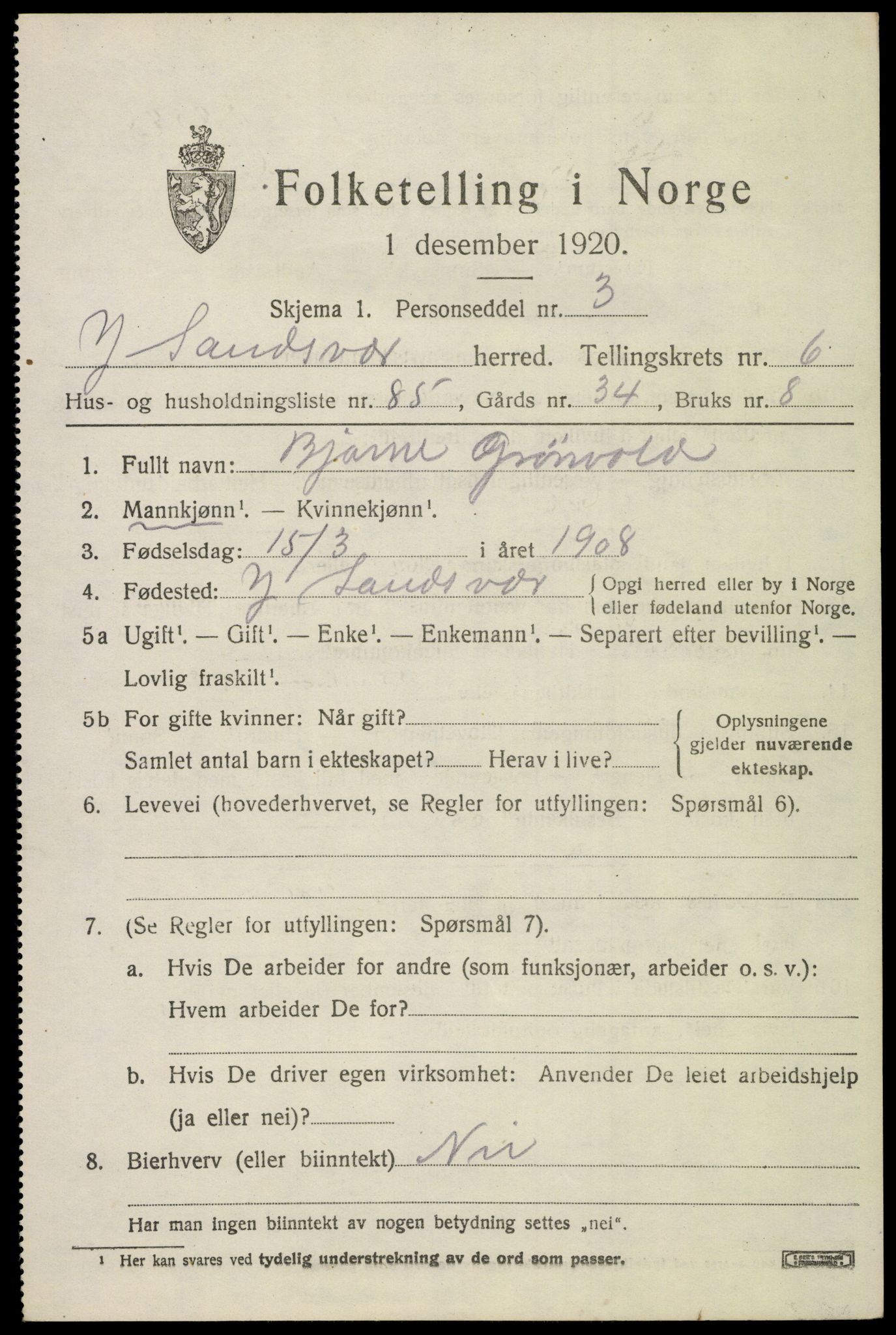 SAKO, 1920 census for Ytre Sandsvær, 1920, p. 5626