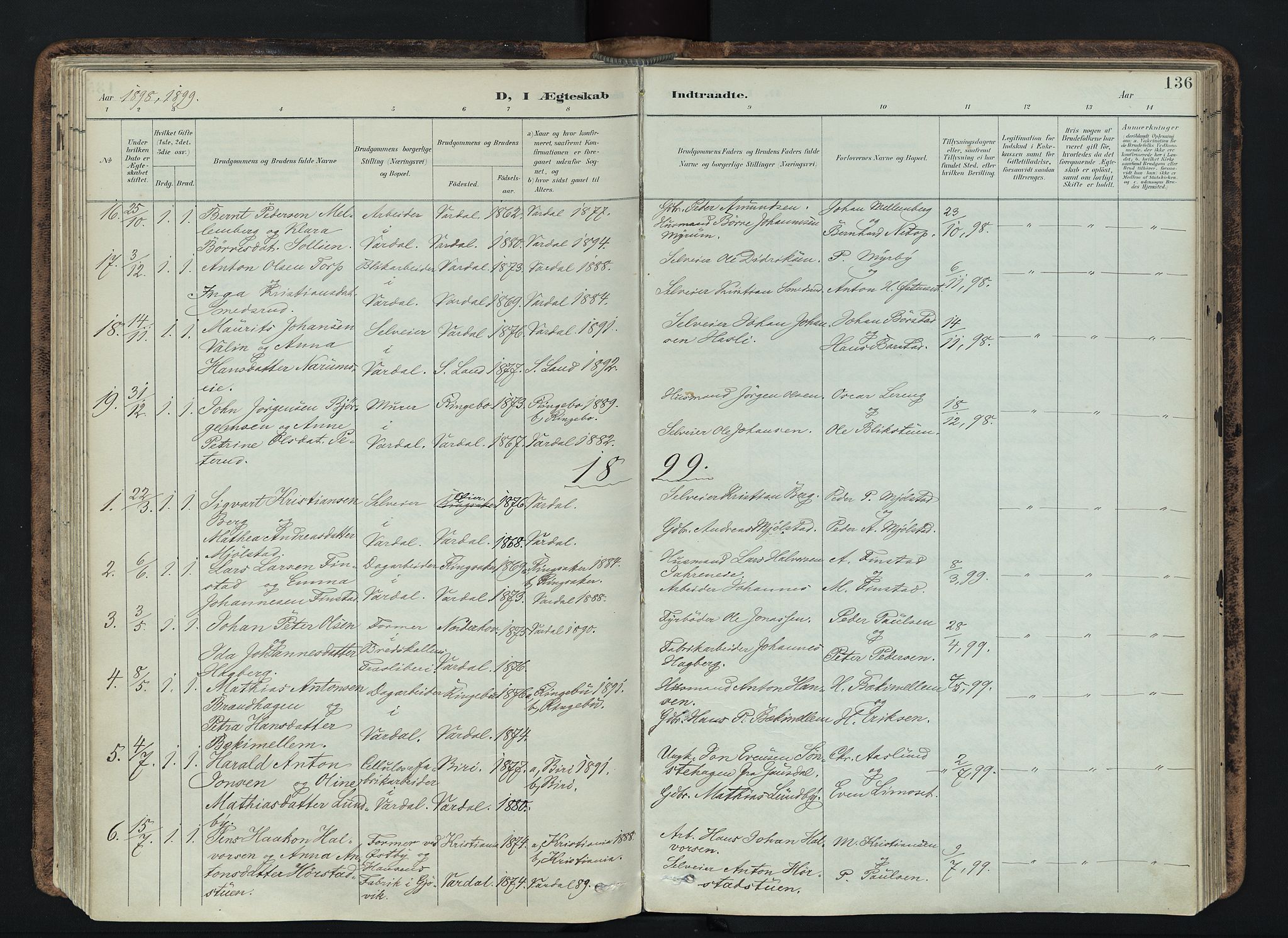 Vardal prestekontor, SAH/PREST-100/H/Ha/Haa/L0019: Parish register (official) no. 19, 1893-1907, p. 136