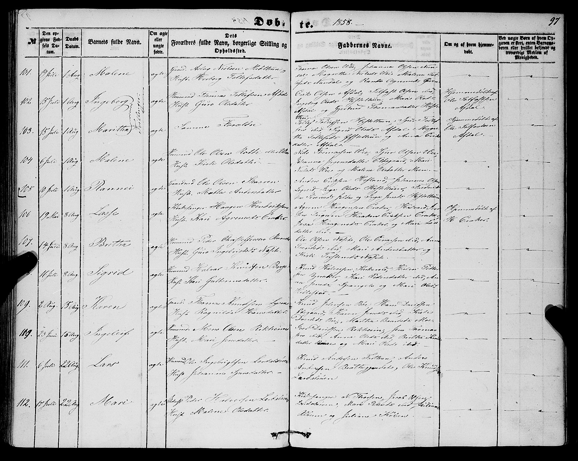 Lærdal sokneprestembete, SAB/A-81201: Parish register (official) no. A 11, 1850-1866, p. 97