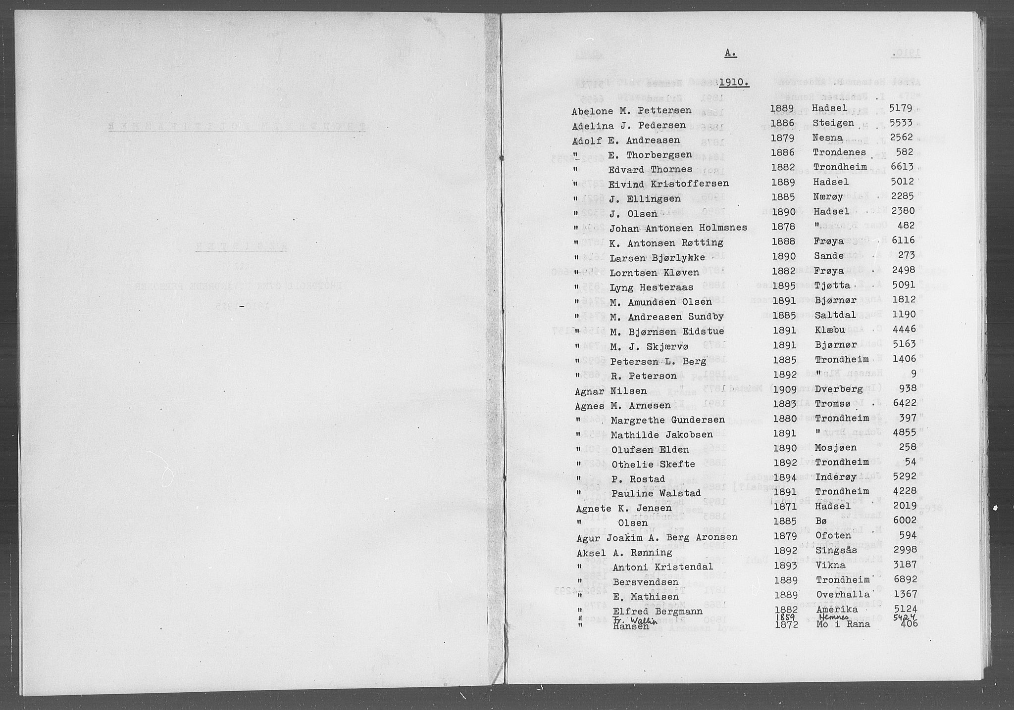 Trondheim politikammer, SAT/A-1887/1/32/L0019/0007: Registre til emigrantprotokollene / Fornavnsregister, 1910-1915