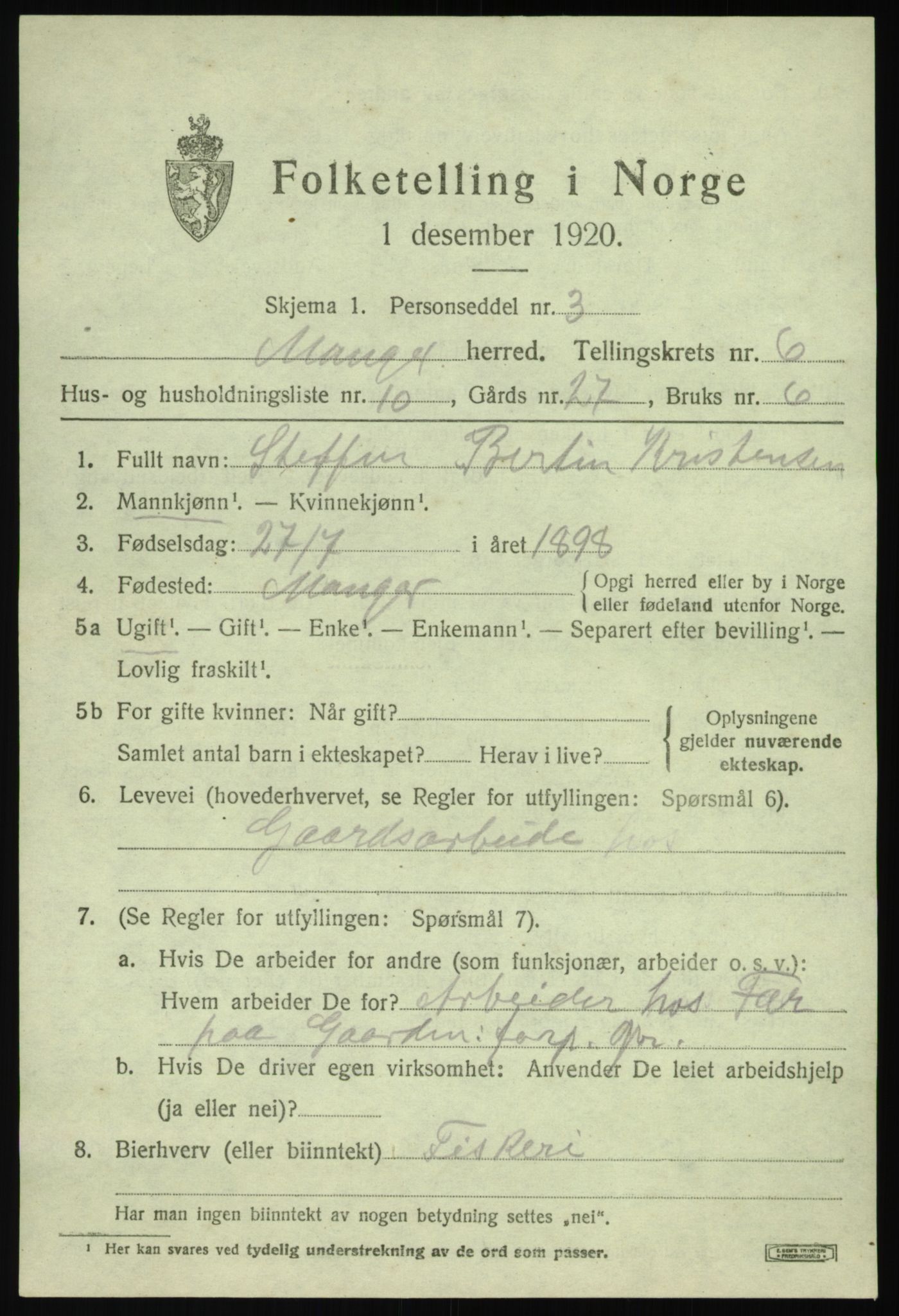 SAB, 1920 census for Manger, 1920, p. 3975