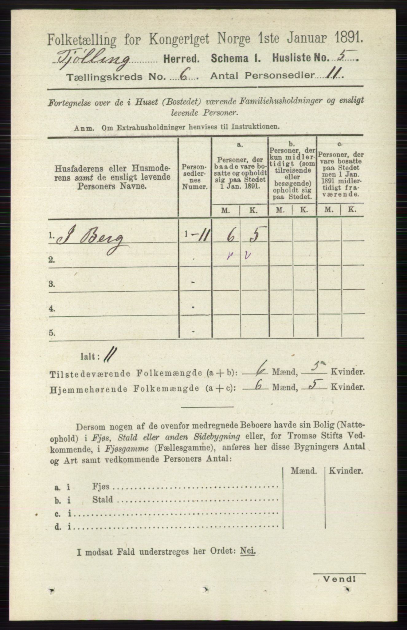 RA, 1891 census for 0725 Tjølling, 1891, p. 2805