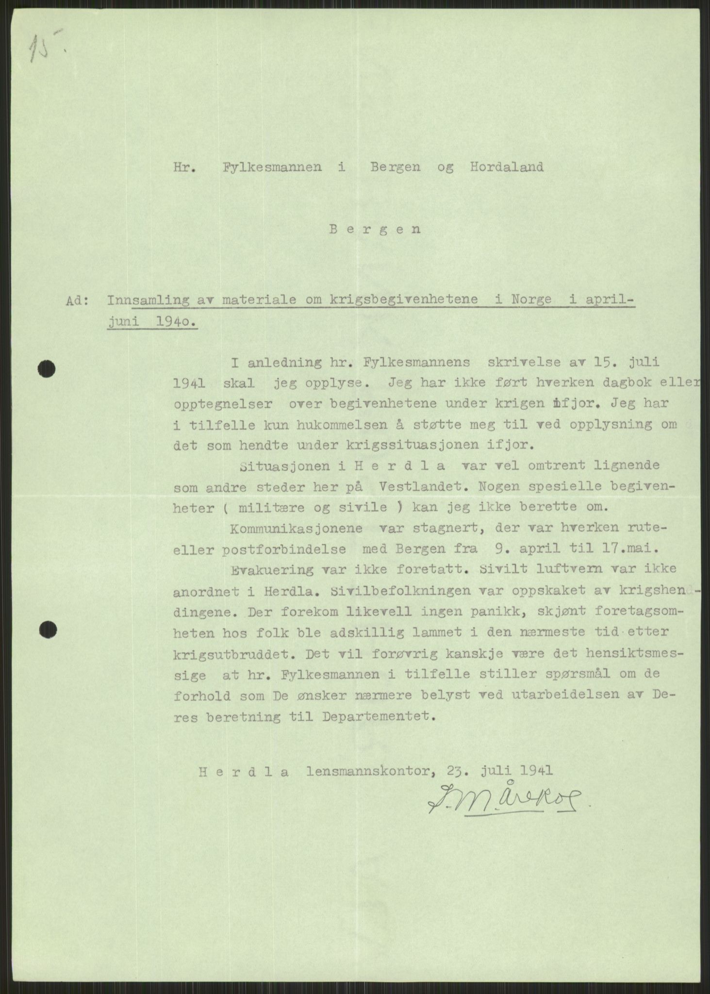 Forsvaret, Forsvarets krigshistoriske avdeling, AV/RA-RAFA-2017/Y/Ya/L0015: II-C-11-31 - Fylkesmenn.  Rapporter om krigsbegivenhetene 1940., 1940, p. 322