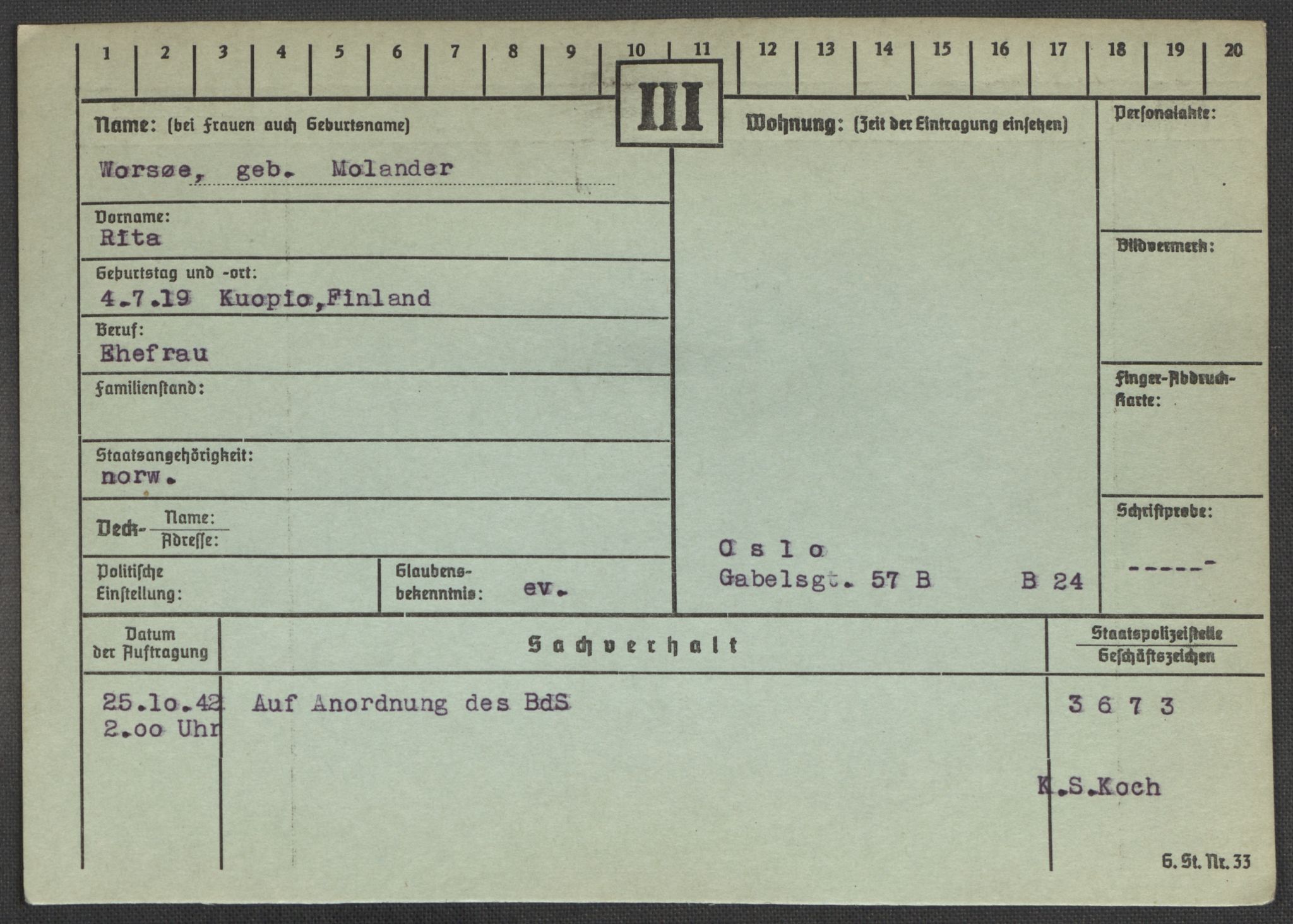 Befehlshaber der Sicherheitspolizei und des SD, AV/RA-RAFA-5969/E/Ea/Eaa/L0010: Register over norske fanger i Møllergata 19: Sø-Å, 1940-1945, p. 1124