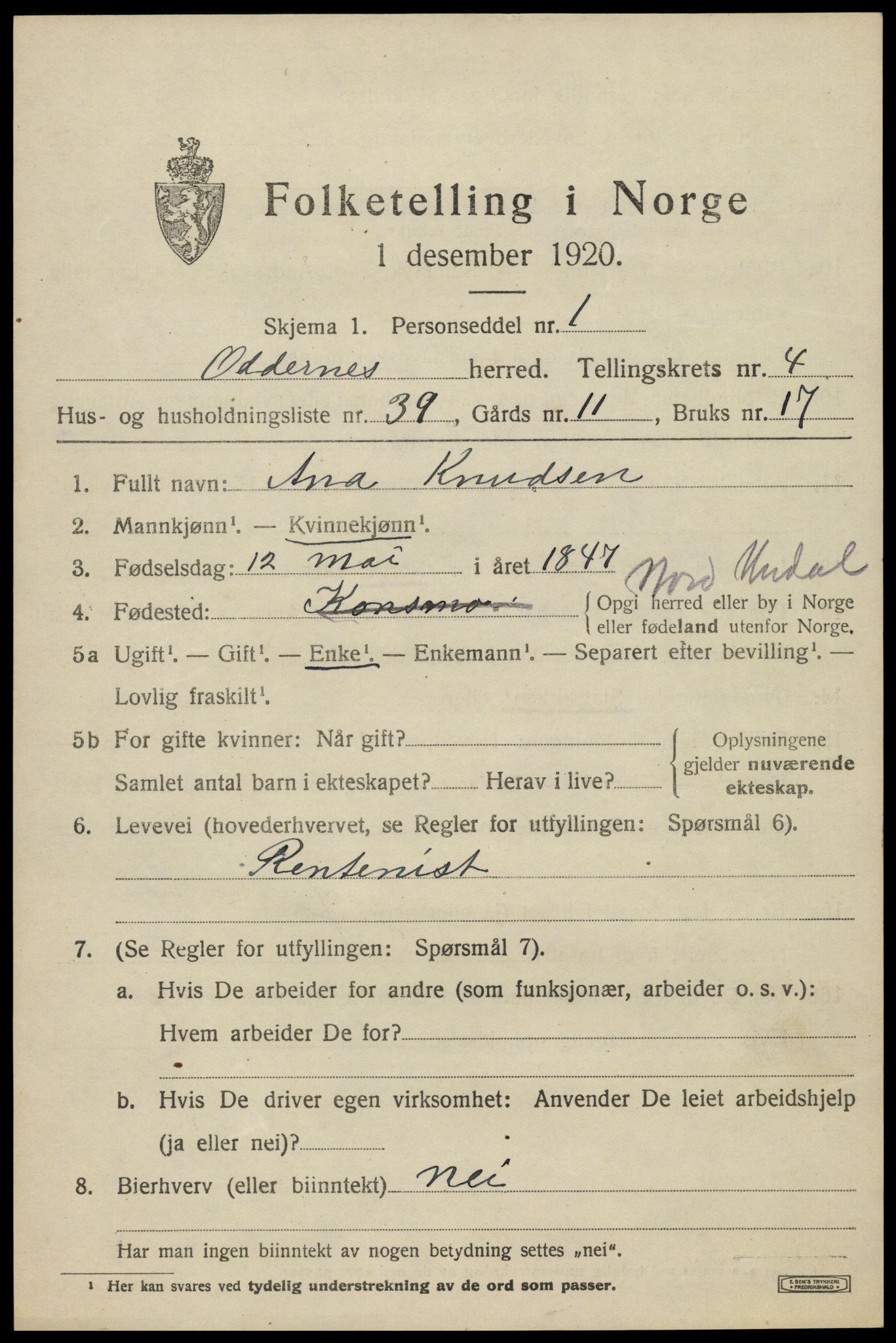 SAK, 1920 census for Oddernes, 1920, p. 4417