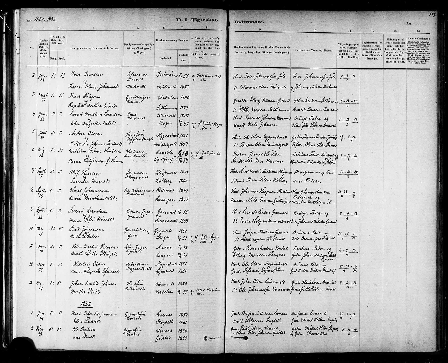 Ministerialprotokoller, klokkerbøker og fødselsregistre - Nord-Trøndelag, AV/SAT-A-1458/721/L0208: Parish register (copy) no. 721C01, 1880-1917, p. 173