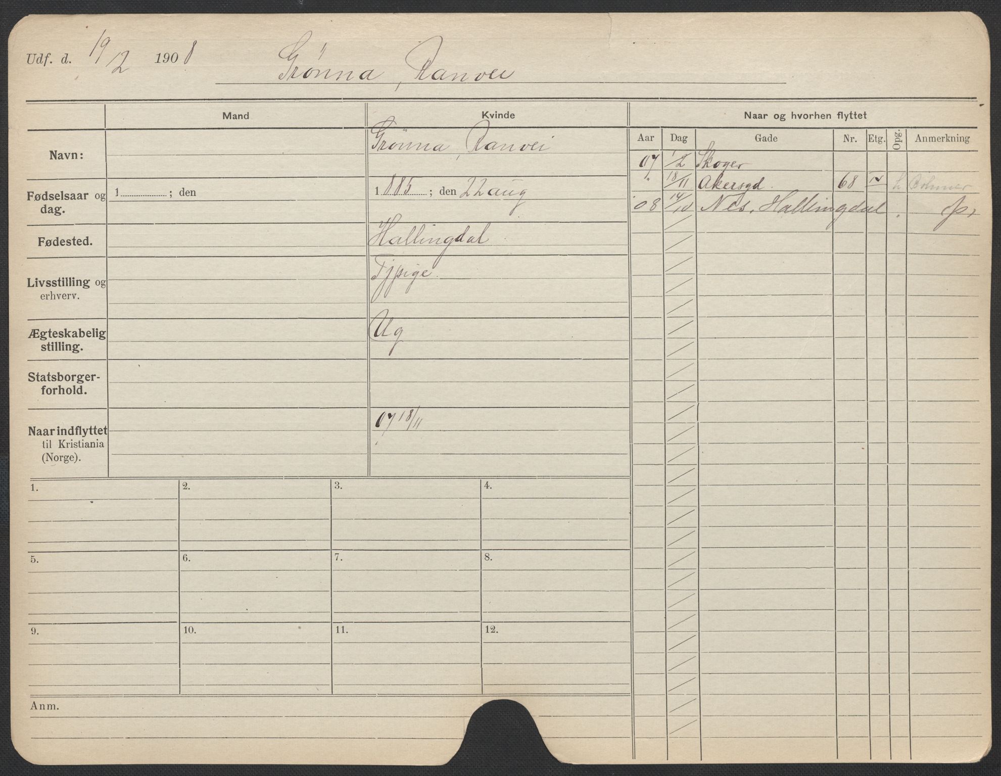 Oslo folkeregister, Registerkort, SAO/A-11715/F/Fa/Fac/L0015: Kvinner, 1906-1914, p. 173a