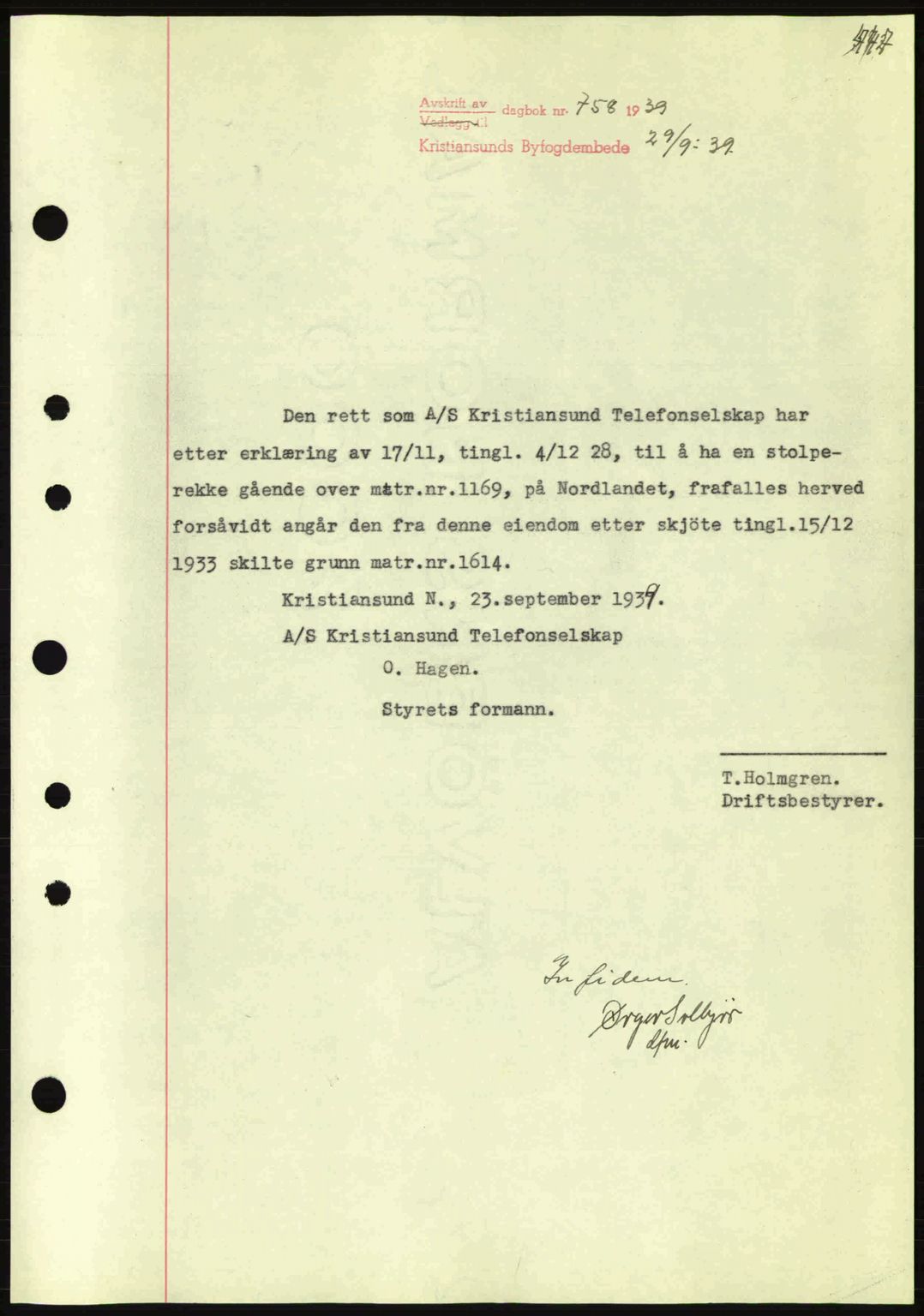 Kristiansund byfogd, SAT/A-4587/A/27: Mortgage book no. 31, 1938-1939, Diary no: : 758/1939