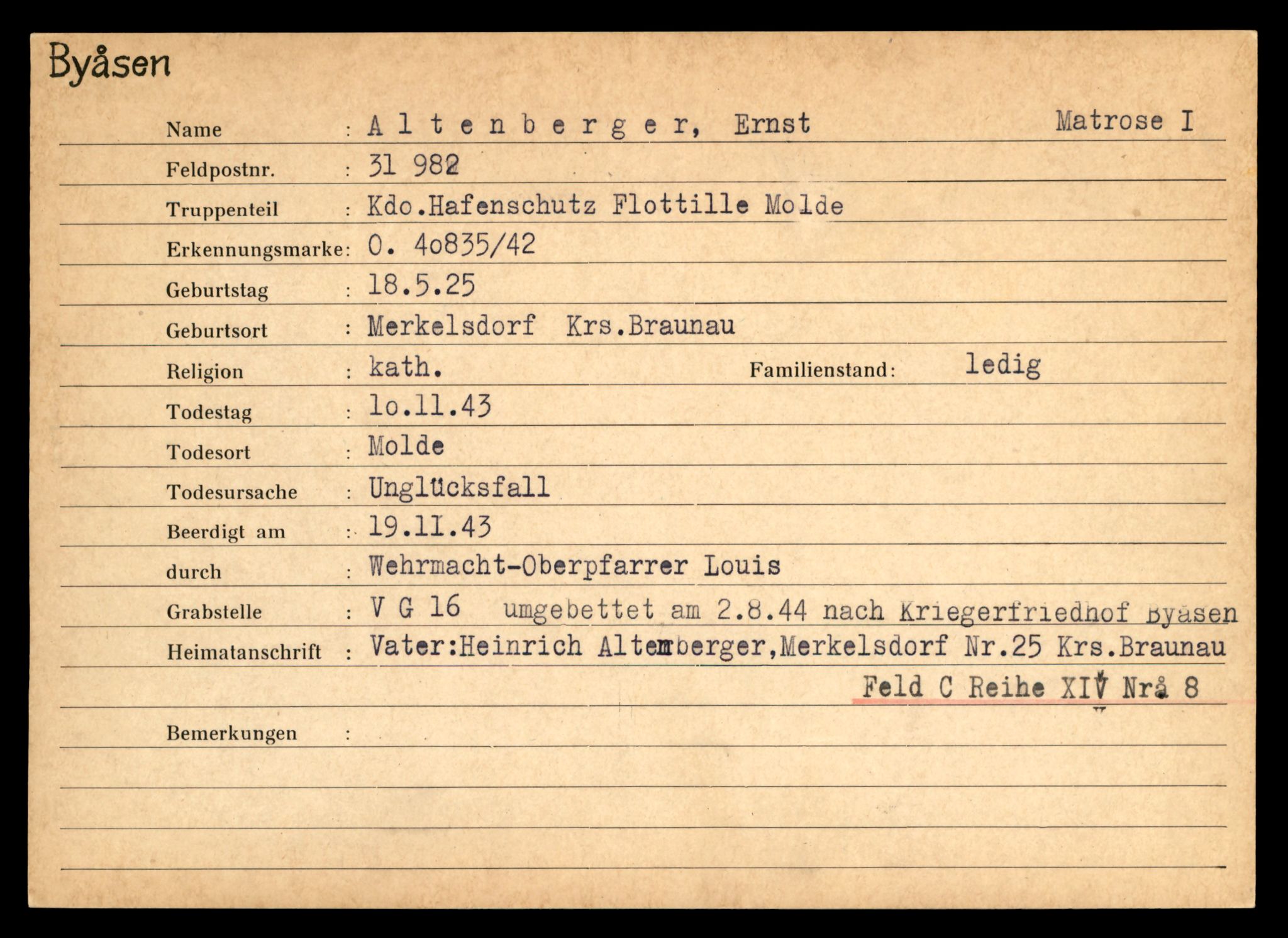 Distriktskontoret for krigsgraver, AV/SAT-A-5030/E/L0004: Kasett/kartotek over tysk Krigskirkegård på Byåsen, 1945, p. 13