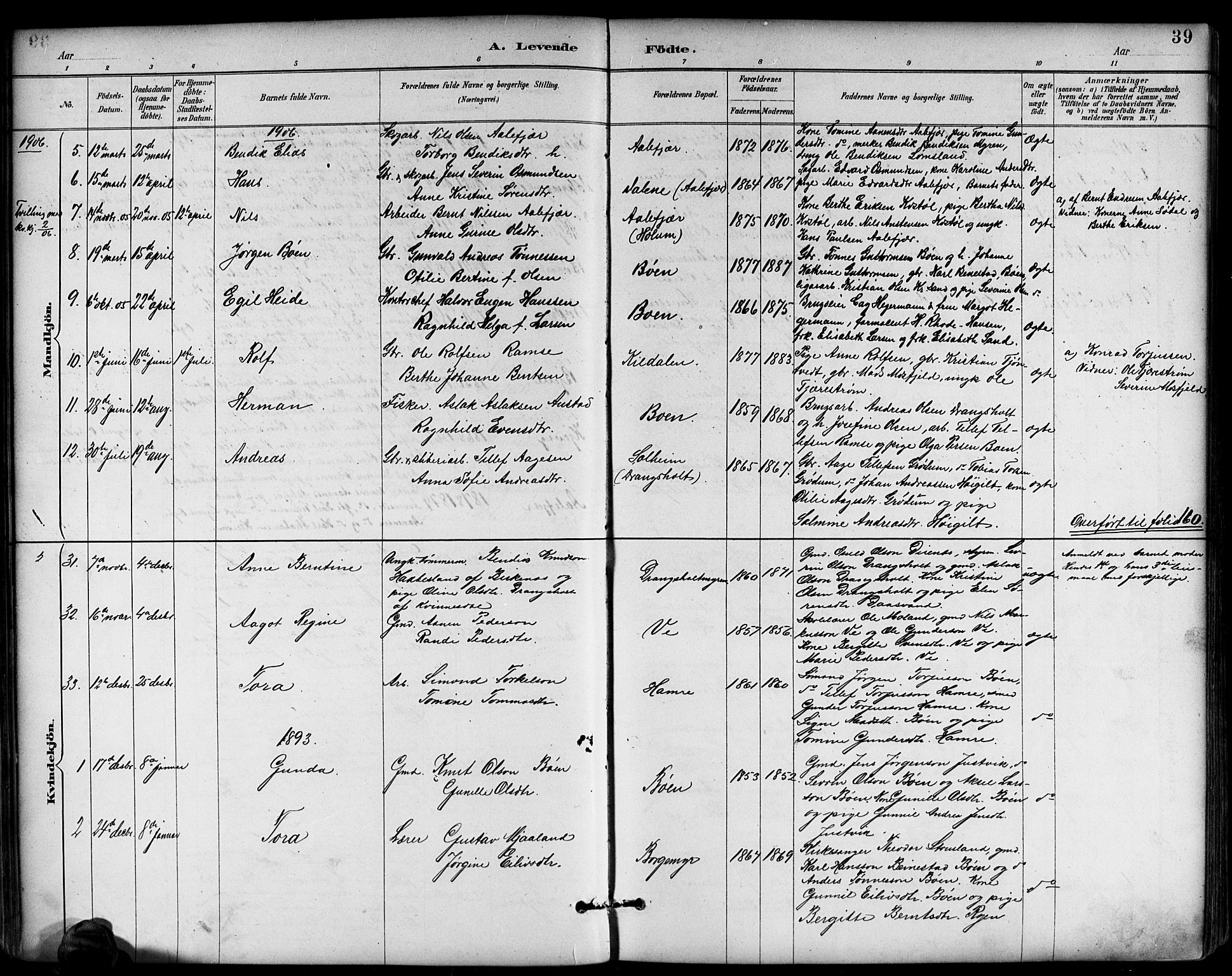 Tveit sokneprestkontor, AV/SAK-1111-0043/F/Fb/L0004: Parish register (copy) no. B 4, 1887-1914, p. 39