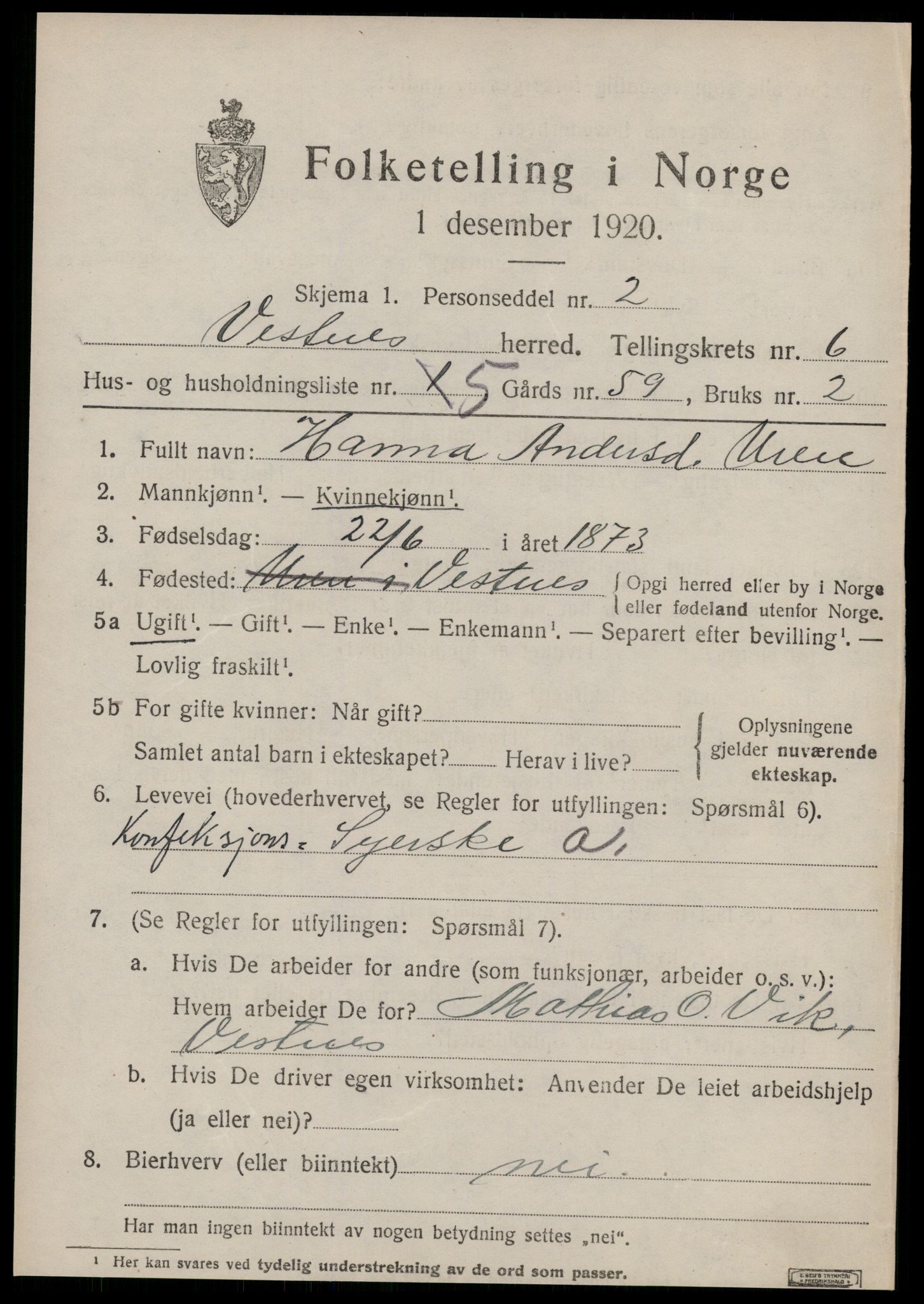 SAT, 1920 census for Vestnes, 1920, p. 4357