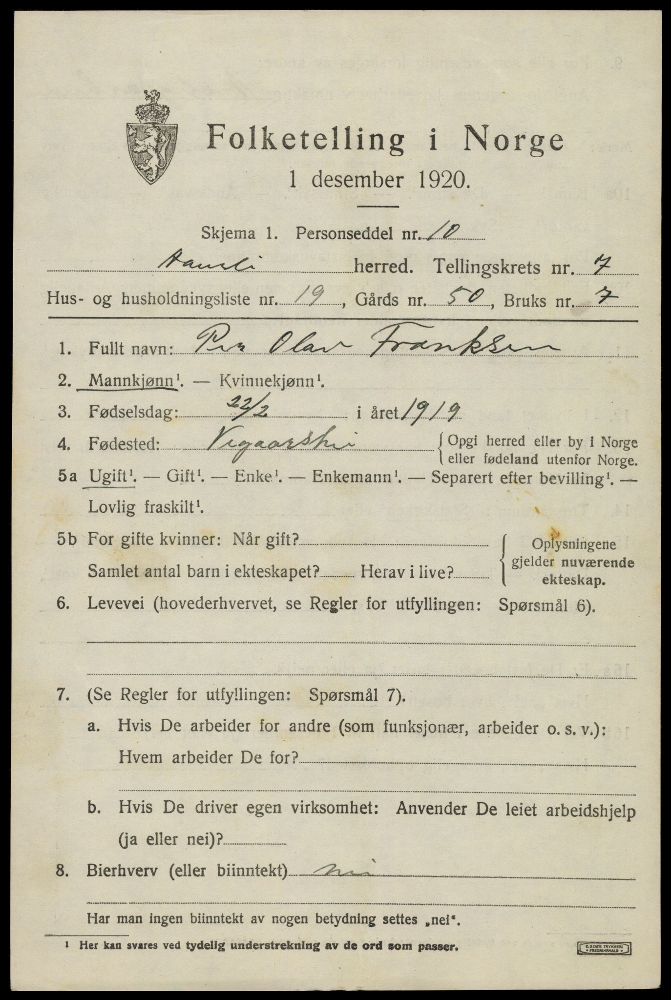 SAK, 1920 census for Åmli, 1920, p. 3183