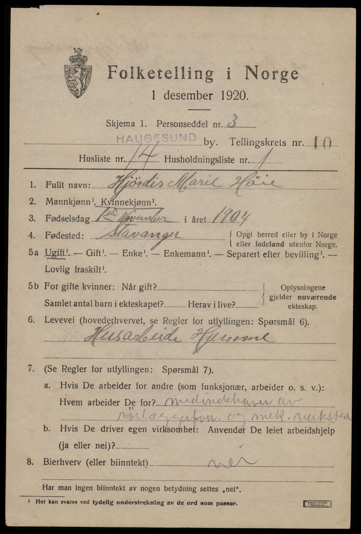 SAST, 1920 census for Haugesund, 1920, p. 33899