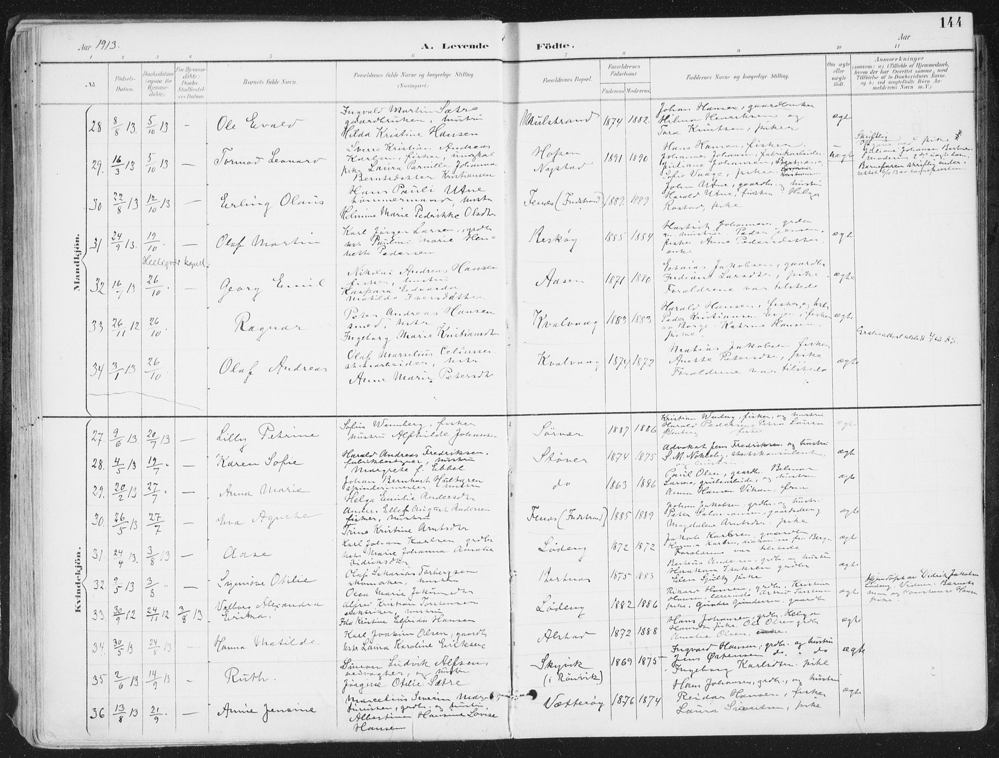 Ministerialprotokoller, klokkerbøker og fødselsregistre - Nordland, AV/SAT-A-1459/802/L0055: Parish register (official) no. 802A02, 1894-1915, p. 144