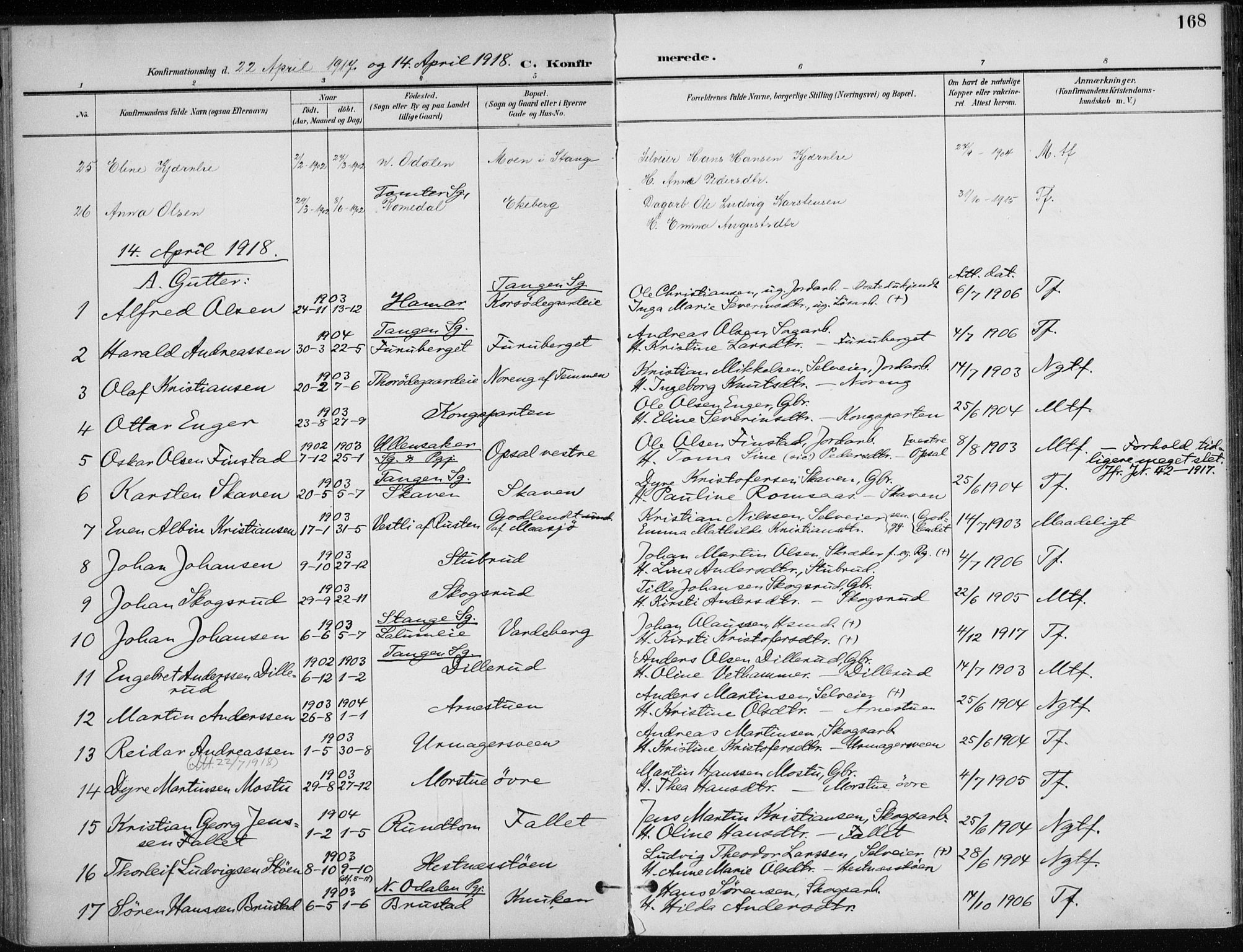 Stange prestekontor, SAH/PREST-002/K/L0023: Parish register (official) no. 23, 1897-1920, p. 168