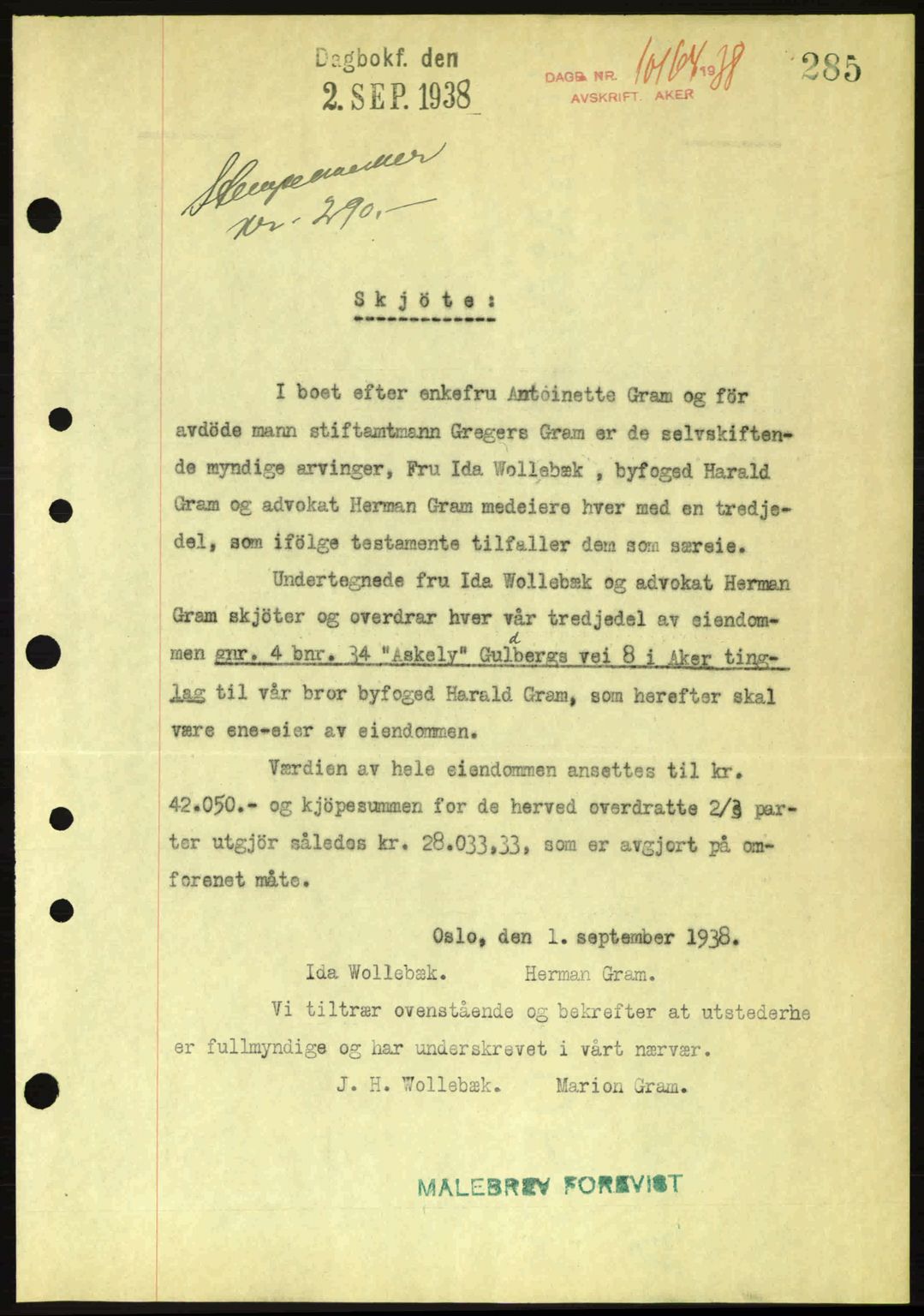 Aker herredsskriveri, SAO/A-10896/G/Gb/Gba/Gbab/L0025: Mortgage book no. A154-155, 1938-1938, Diary no: : 10164/1938