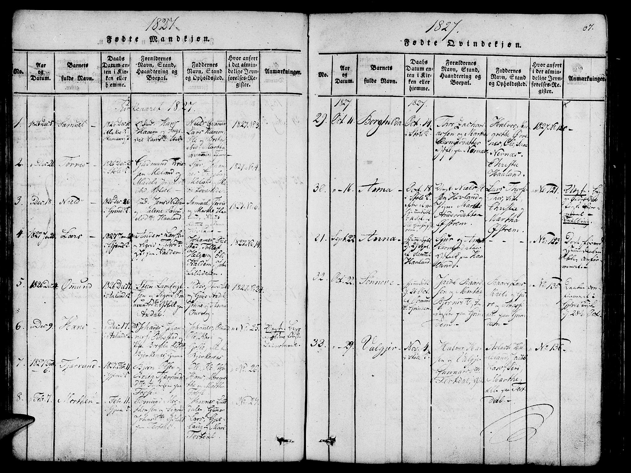 Etne sokneprestembete, AV/SAB-A-75001/H/Haa: Parish register (official) no. A 6, 1815-1831, p. 67