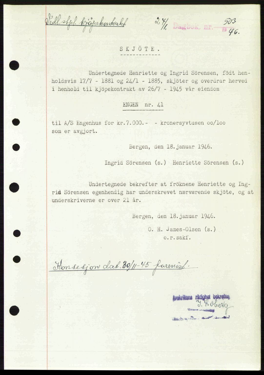 Byfogd og Byskriver i Bergen, AV/SAB-A-3401/03/03Bc/L0022: Mortgage book no. A18, 1946-1946, Diary no: : 503/1946