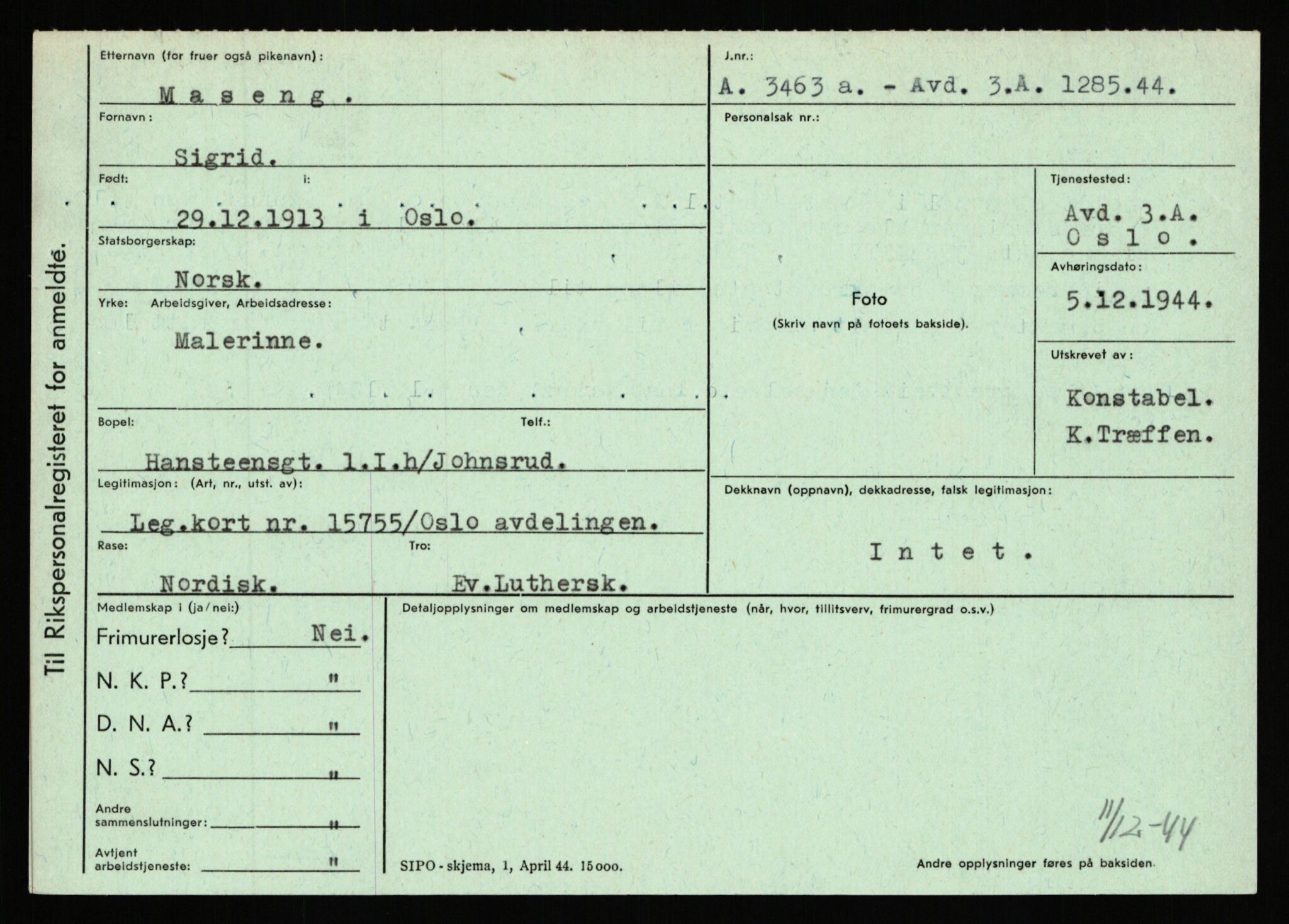 Statspolitiet - Hovedkontoret / Osloavdelingen, AV/RA-S-1329/C/Ca/L0010: Lind - Moksnes, 1943-1945, p. 3152