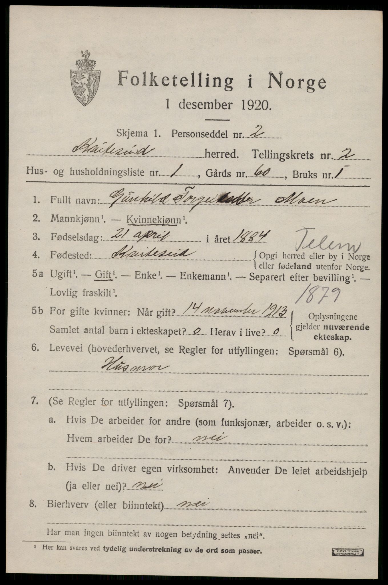 SAKO, 1920 census for Drangedal, 1920, p. 2071