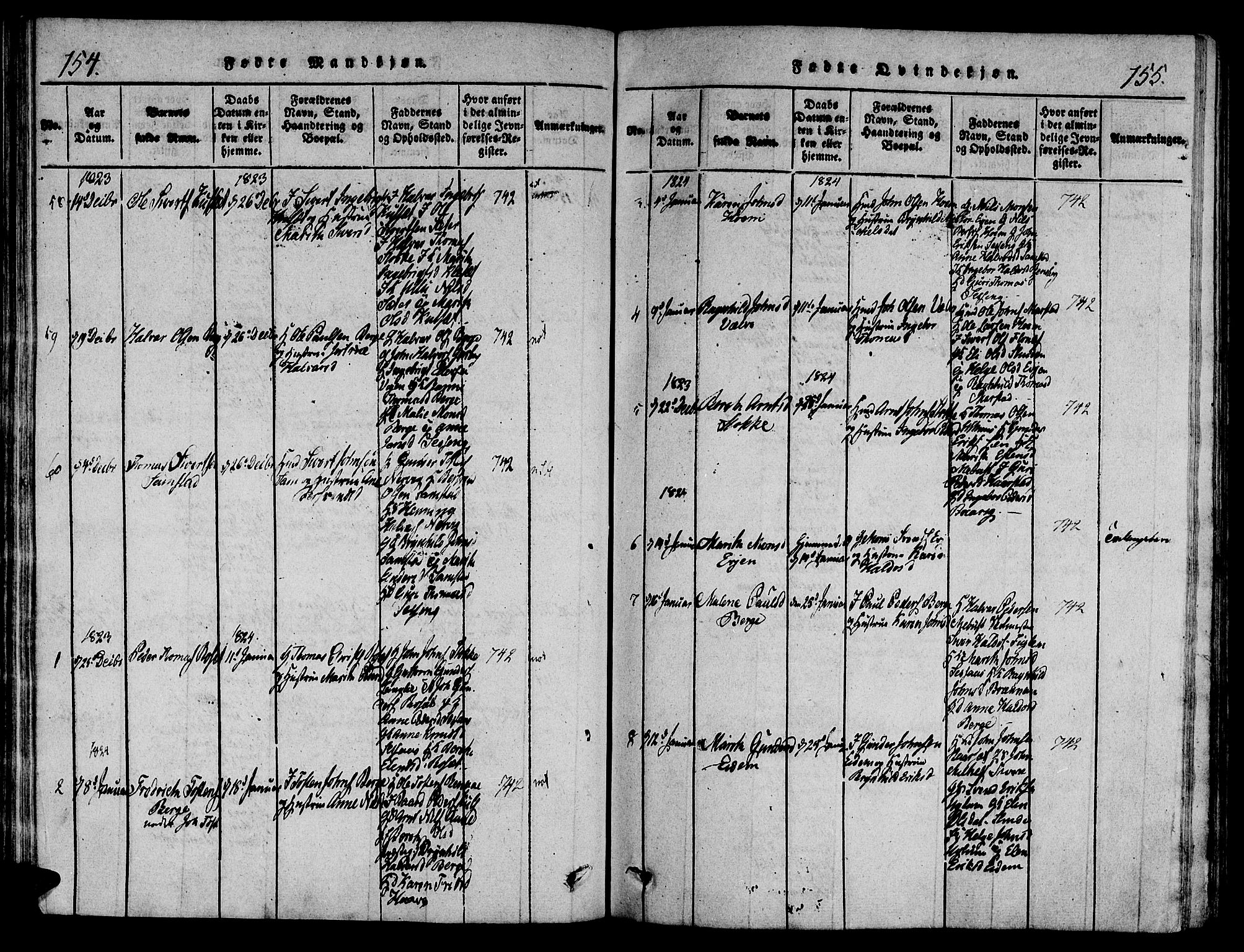 Ministerialprotokoller, klokkerbøker og fødselsregistre - Sør-Trøndelag, SAT/A-1456/695/L1141: Parish register (official) no. 695A04 /1, 1816-1824, p. 154-155