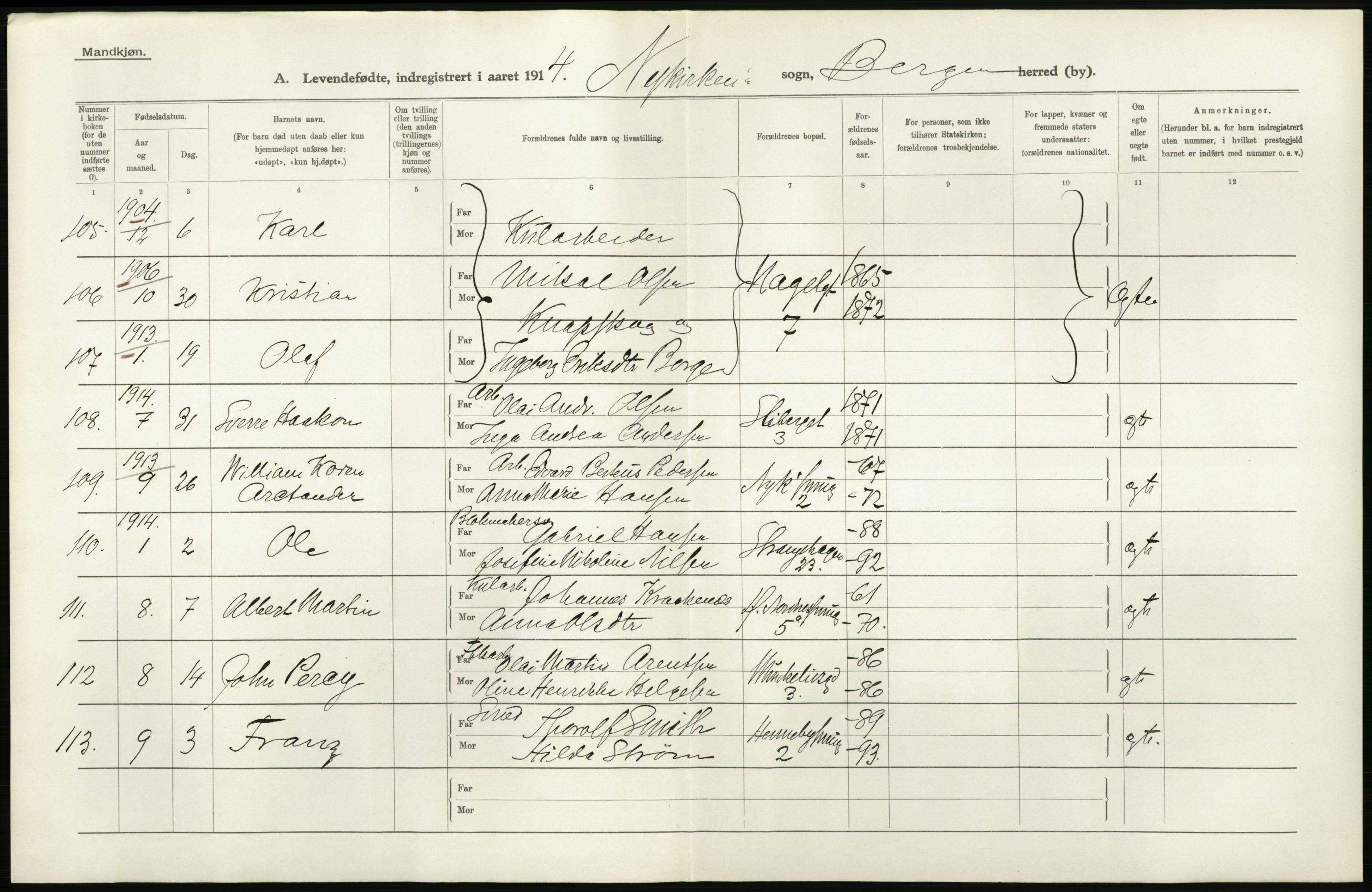 Statistisk sentralbyrå, Sosiodemografiske emner, Befolkning, AV/RA-S-2228/D/Df/Dfb/Dfbd/L0030: Bergen: Levendefødte menn og kvinner., 1914, p. 26