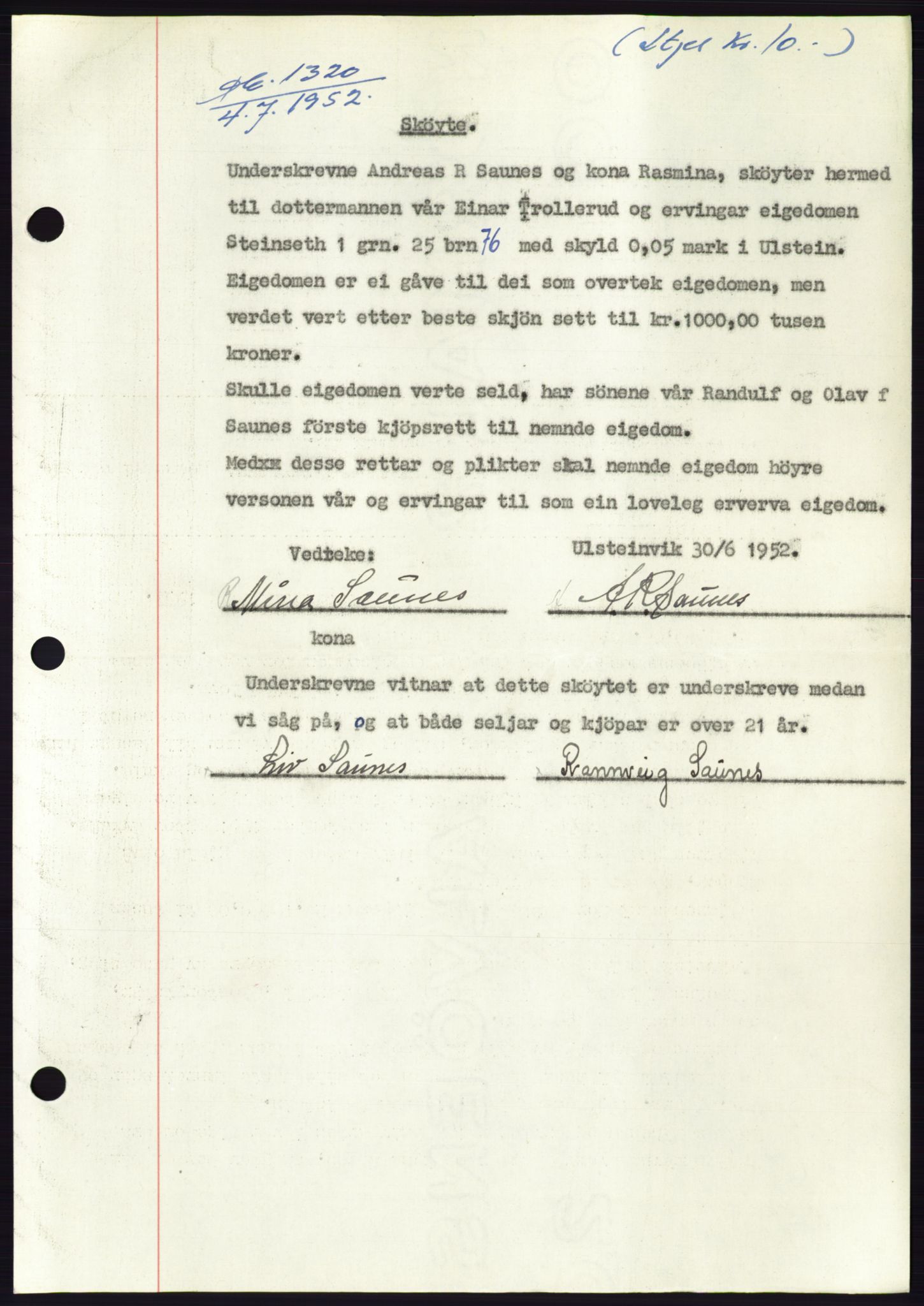 Søre Sunnmøre sorenskriveri, AV/SAT-A-4122/1/2/2C/L0092: Mortgage book no. 18A, 1952-1952, Diary no: : 1320/1952