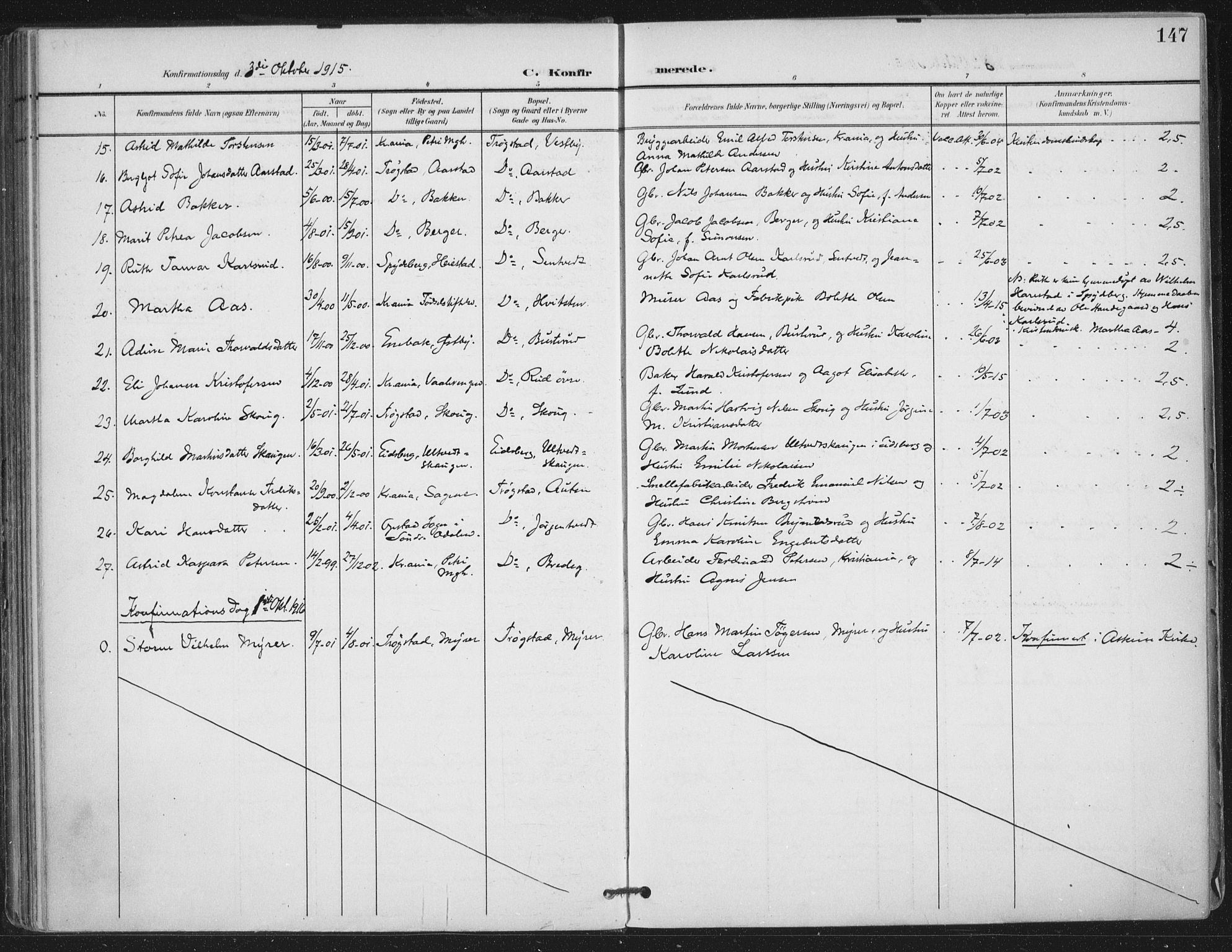 Trøgstad prestekontor Kirkebøker, AV/SAO-A-10925/F/Fa/L0011: Parish register (official) no. I 11, 1899-1919, p. 147