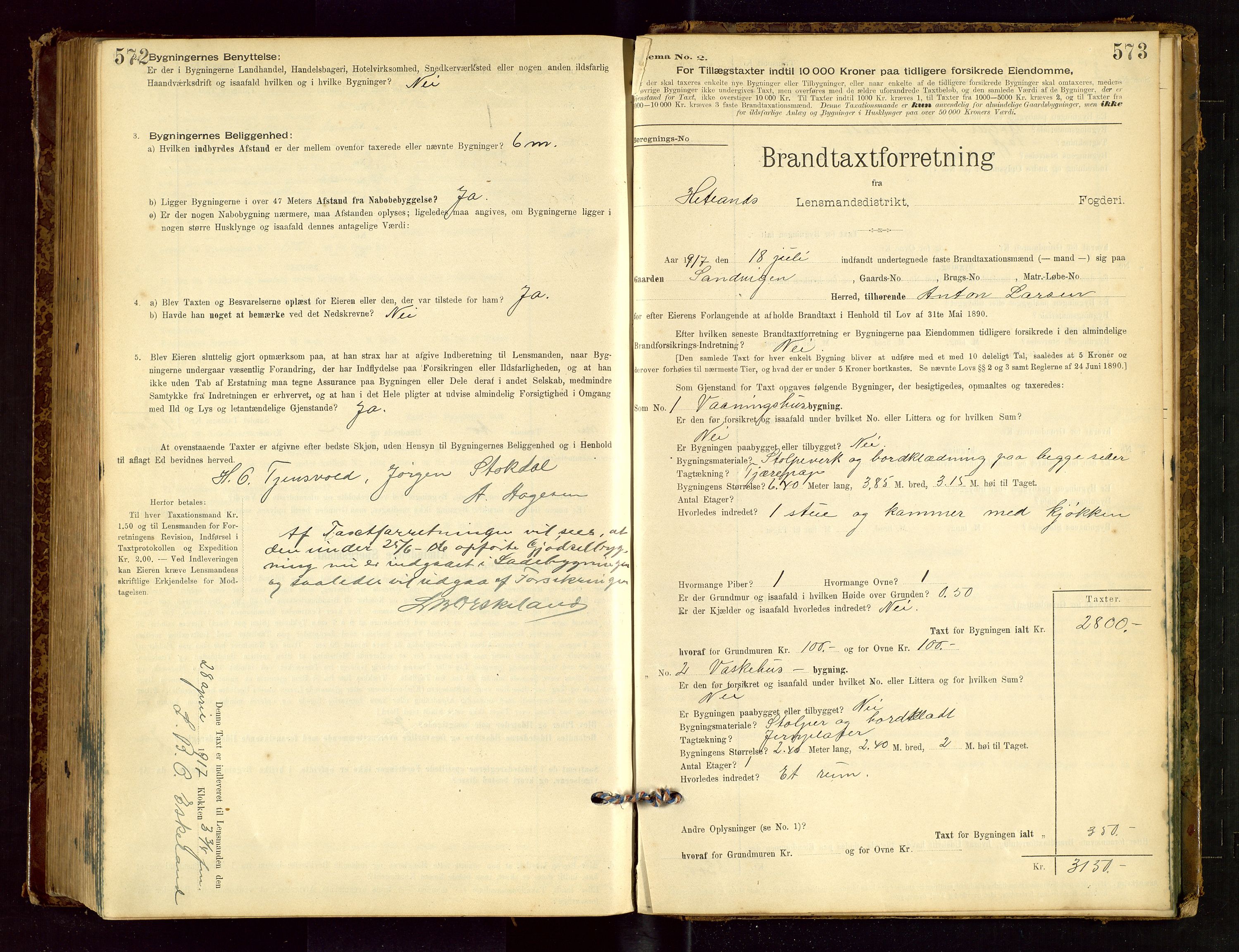 Hetland lensmannskontor, SAST/A-100101/Gob/L0001: "Brandtaxationsprotokol", 1895-1918, p. 572-573