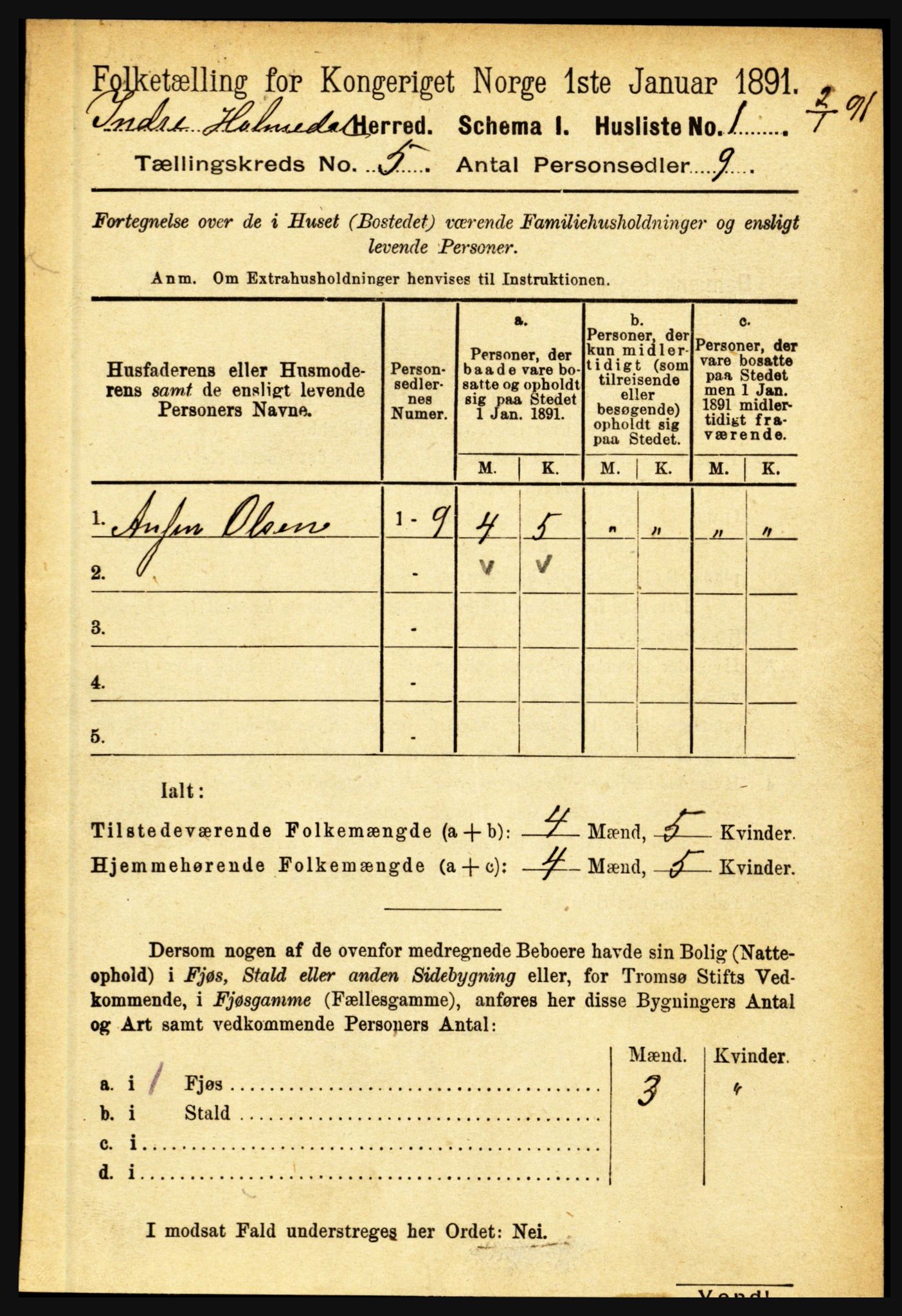 RA, 1891 census for 1430 Indre Holmedal, 1891, p. 1825