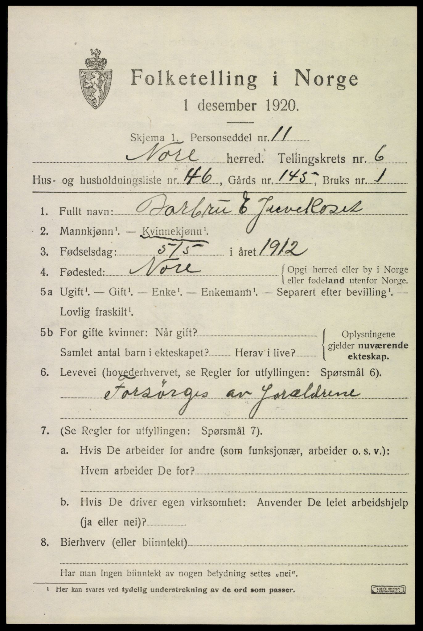 SAKO, 1920 census for Nore, 1920, p. 3038