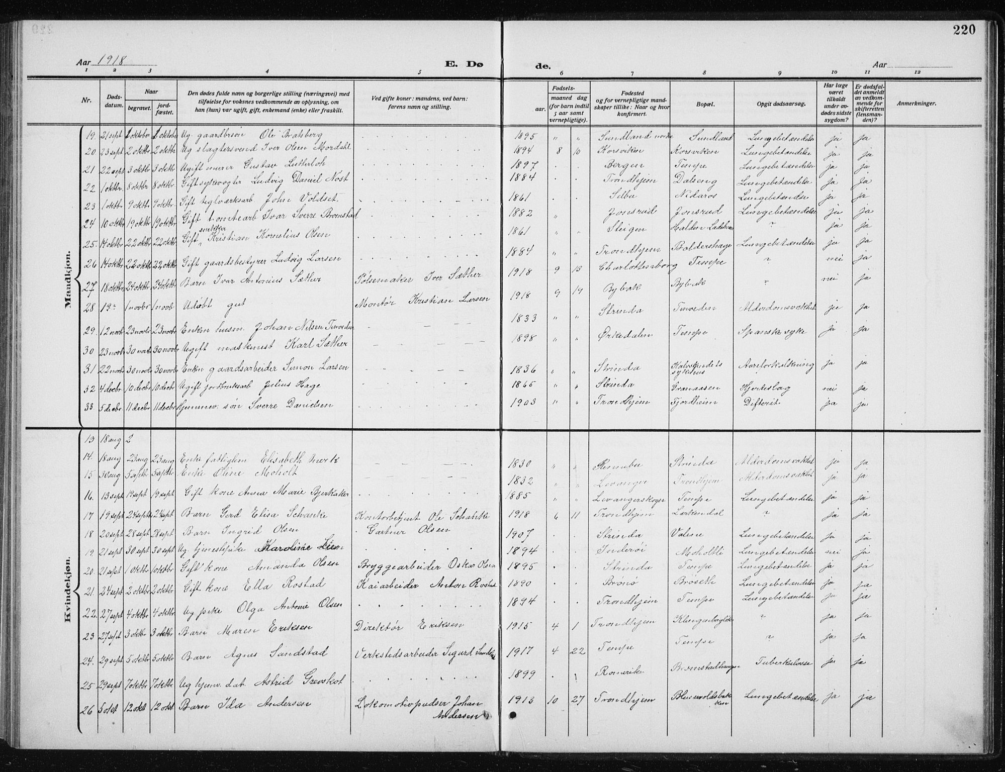 Ministerialprotokoller, klokkerbøker og fødselsregistre - Sør-Trøndelag, SAT/A-1456/606/L0314: Parish register (copy) no. 606C10, 1911-1937, p. 220
