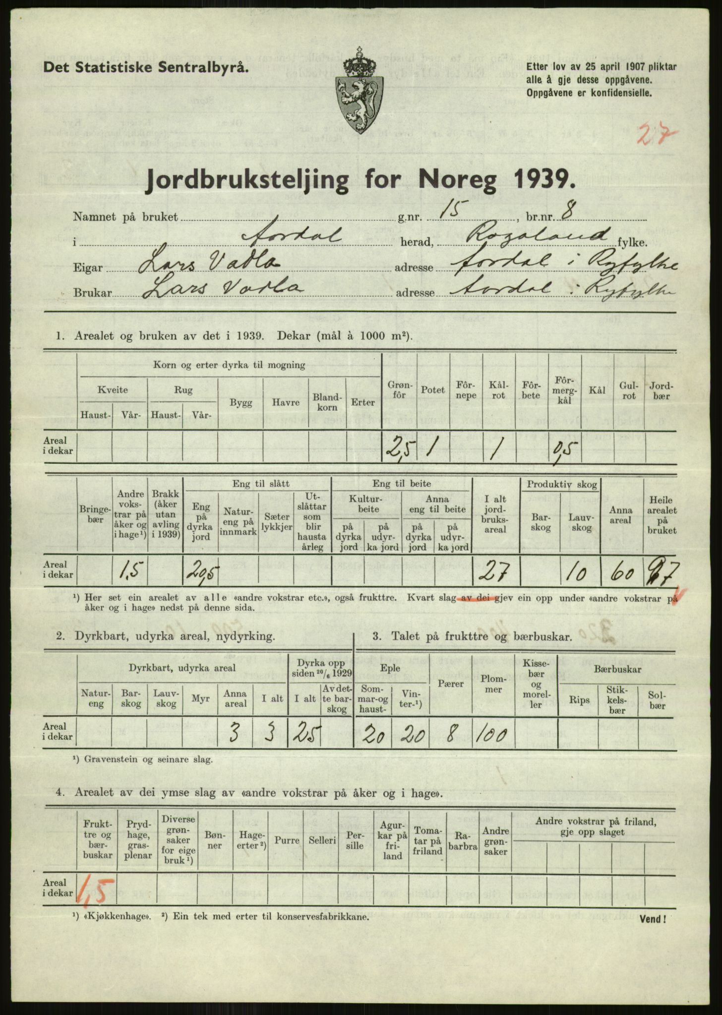 Statistisk sentralbyrå, Næringsøkonomiske emner, Jordbruk, skogbruk, jakt, fiske og fangst, AV/RA-S-2234/G/Gb/L0184: Rogaland: Årdal, Fister og Hjelmeland, 1939, p. 599