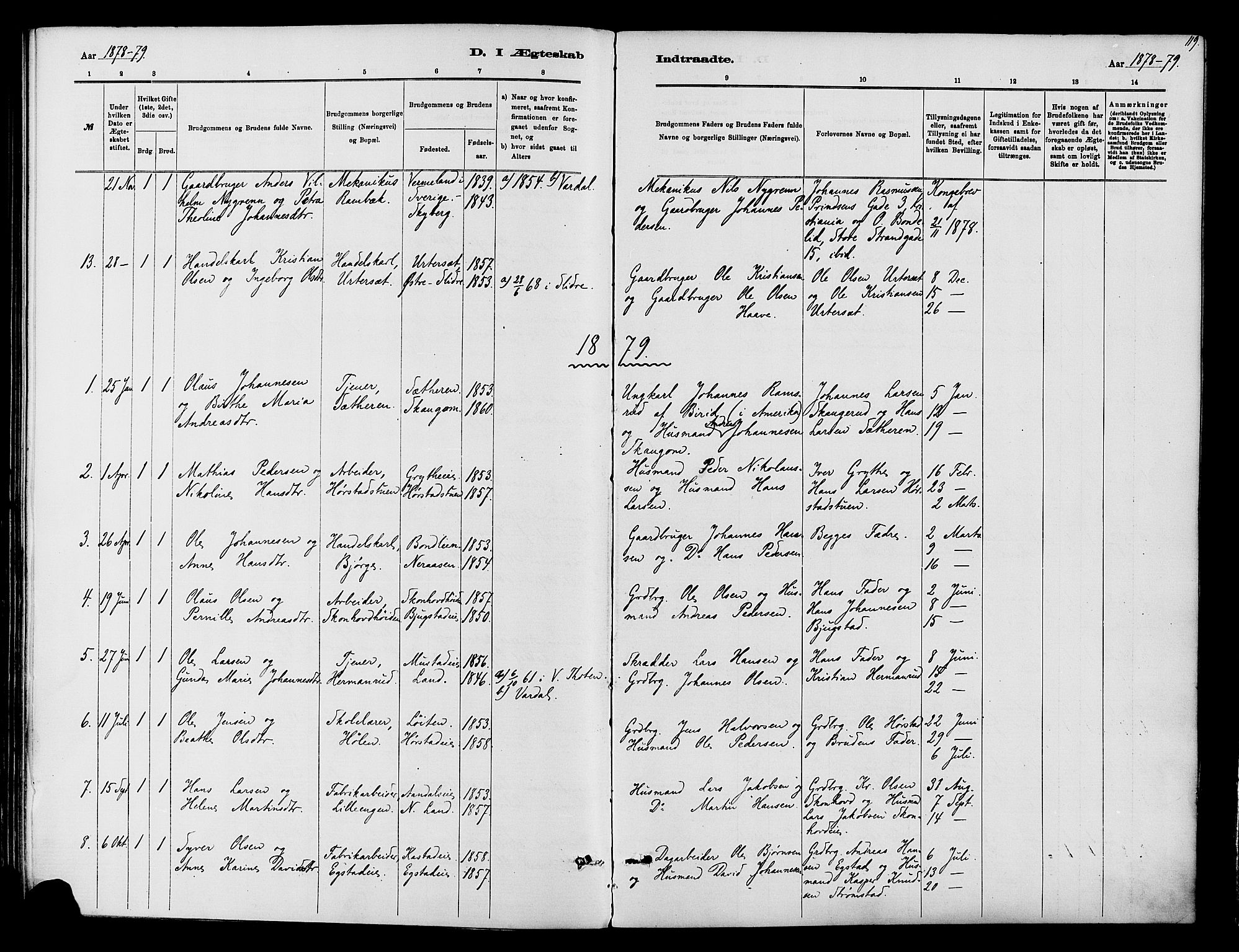 Vardal prestekontor, SAH/PREST-100/H/Ha/Haa/L0010: Parish register (official) no. 10, 1878-1893, p. 119