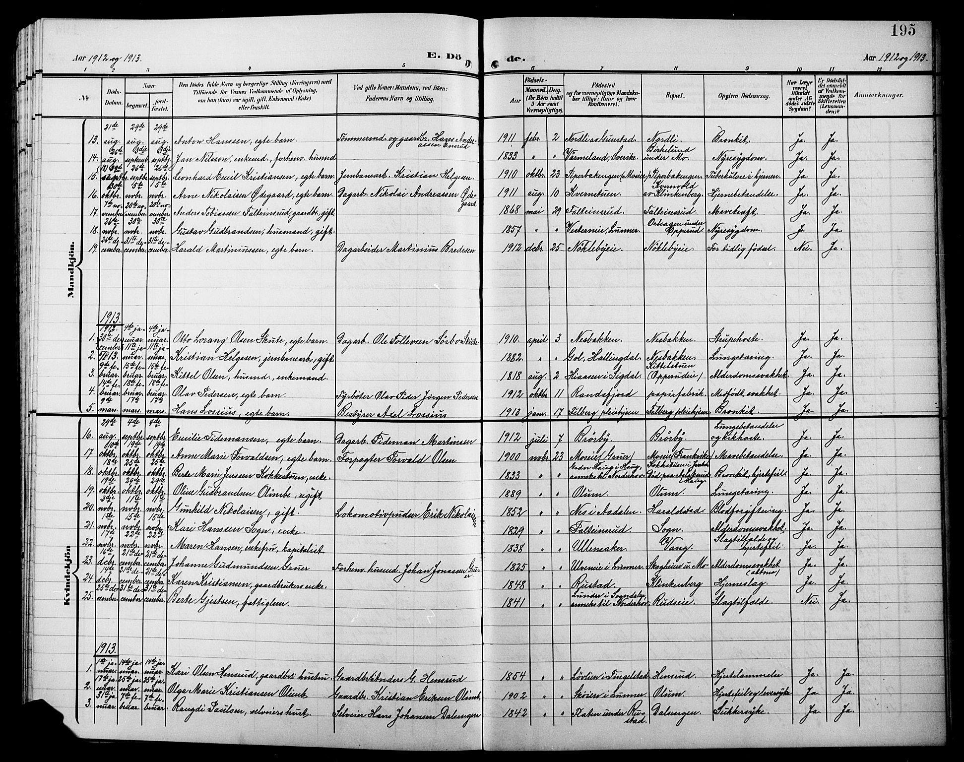 Jevnaker prestekontor, SAH/PREST-116/H/Ha/Hab/L0004: Parish register (copy) no. 4, 1907-1918, p. 195