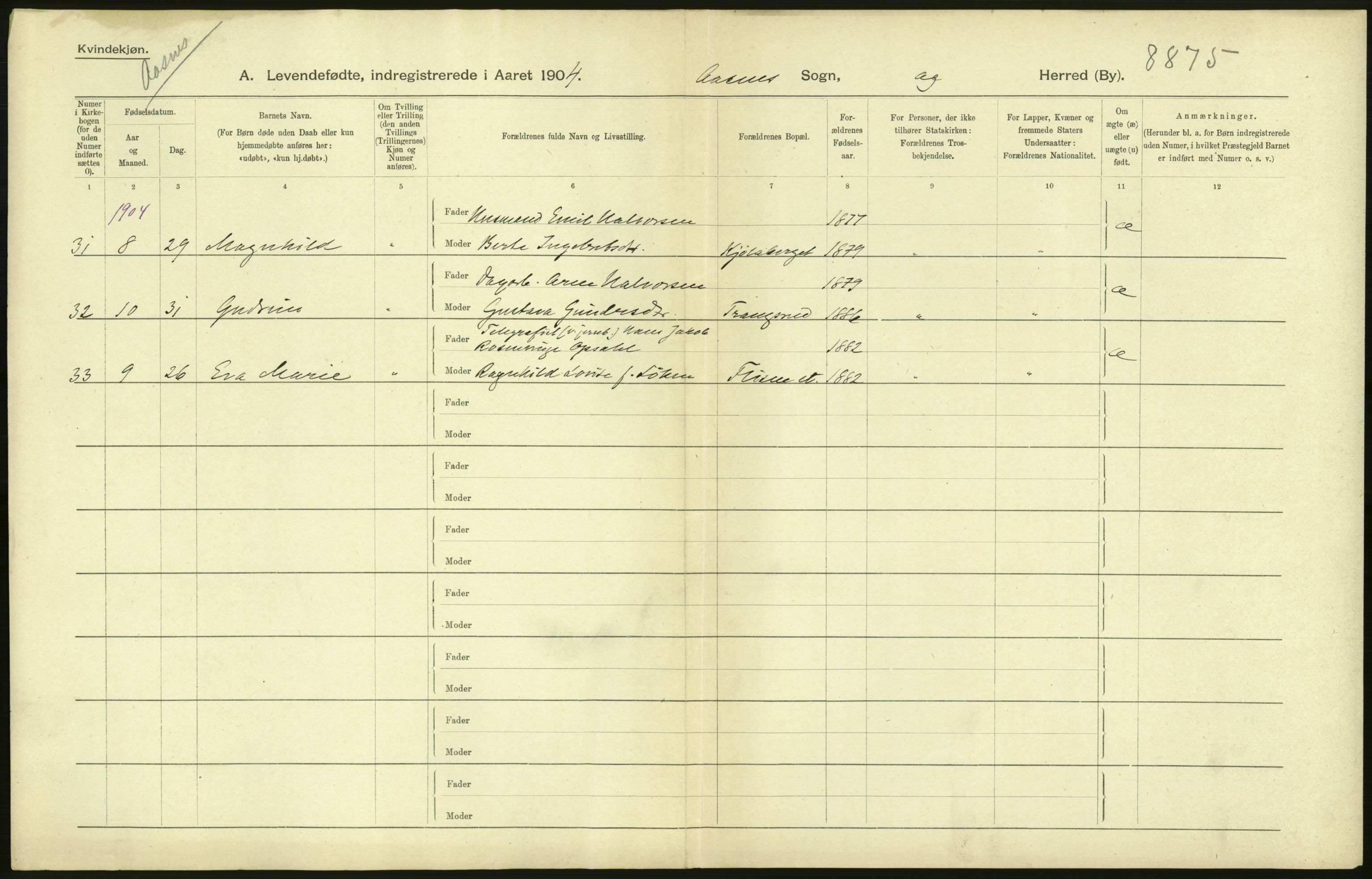 Statistisk sentralbyrå, Sosiodemografiske emner, Befolkning, AV/RA-S-2228/D/Df/Dfa/Dfab/L0005: Hedemarkens amt: Fødte, gifte, døde, 1904, p. 68