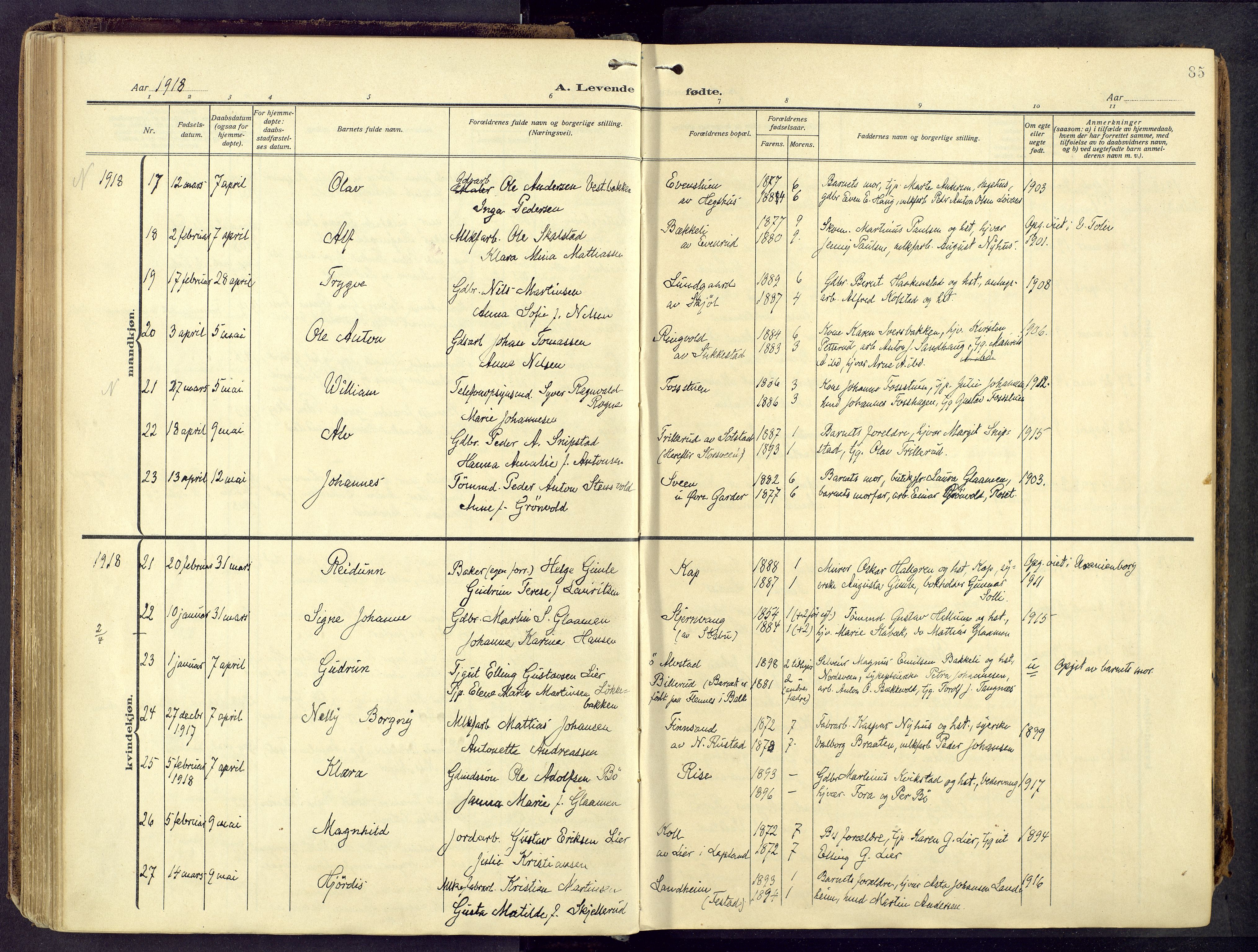 Østre Toten prestekontor, AV/SAH-PREST-104/H/Ha/Haa/L0010: Parish register (official) no. 10, 1910-1920, p. 85