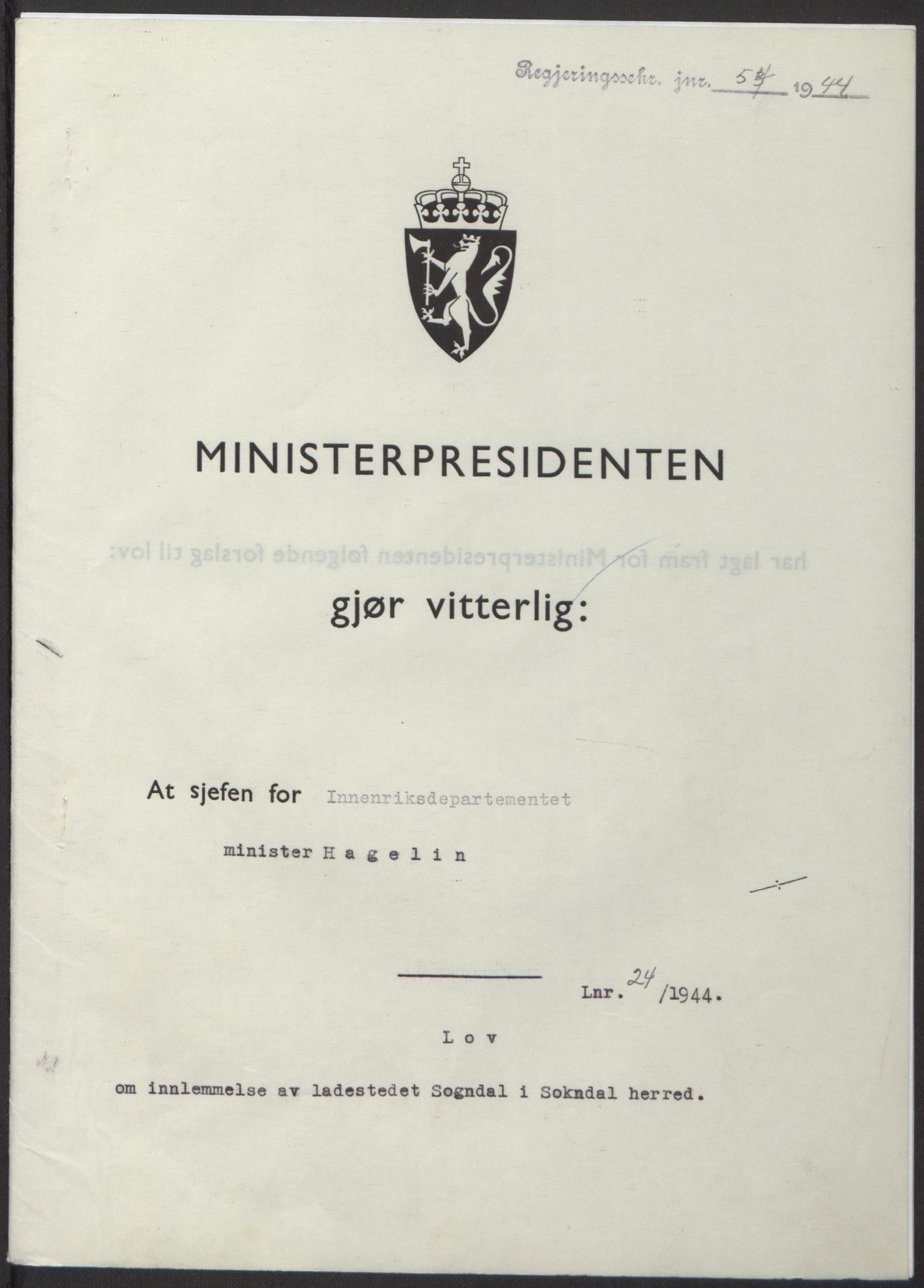 NS-administrasjonen 1940-1945 (Statsrådsekretariatet, de kommisariske statsråder mm), RA/S-4279/D/Db/L0100: Lover, 1944, p. 112